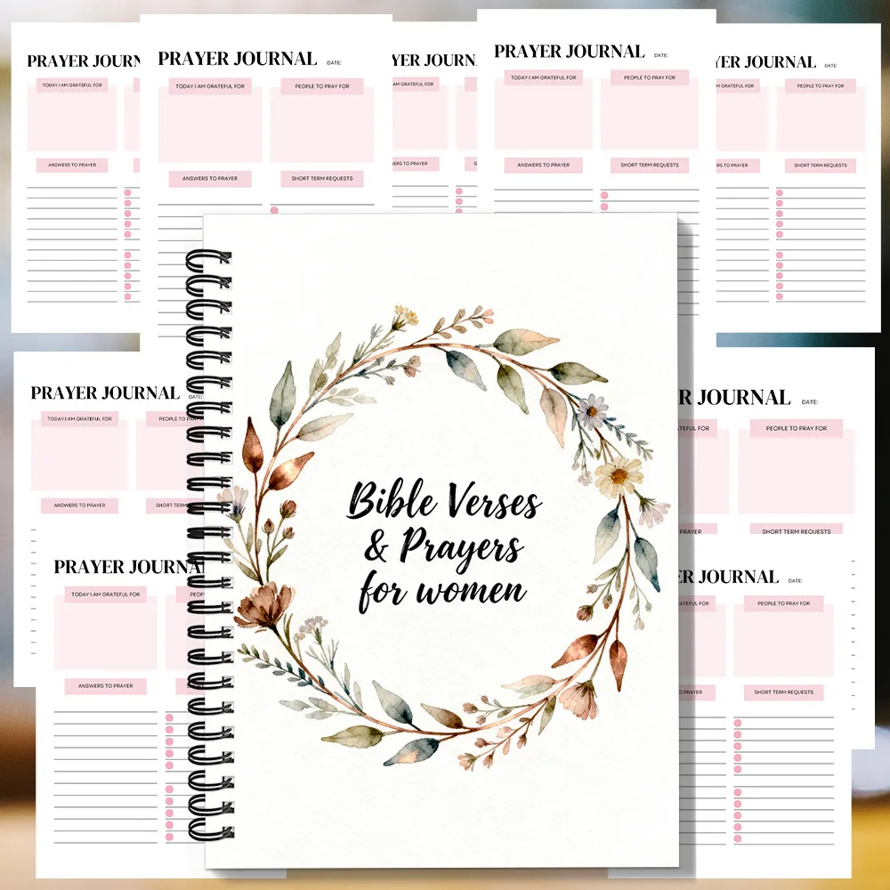 1 Stück Spiral-Notizbuch mit Bibelversen und Gebeten für Frauen, Aquarell-Kranzkunst-Einband, für Andacht und Dankbarkeit, I Image
