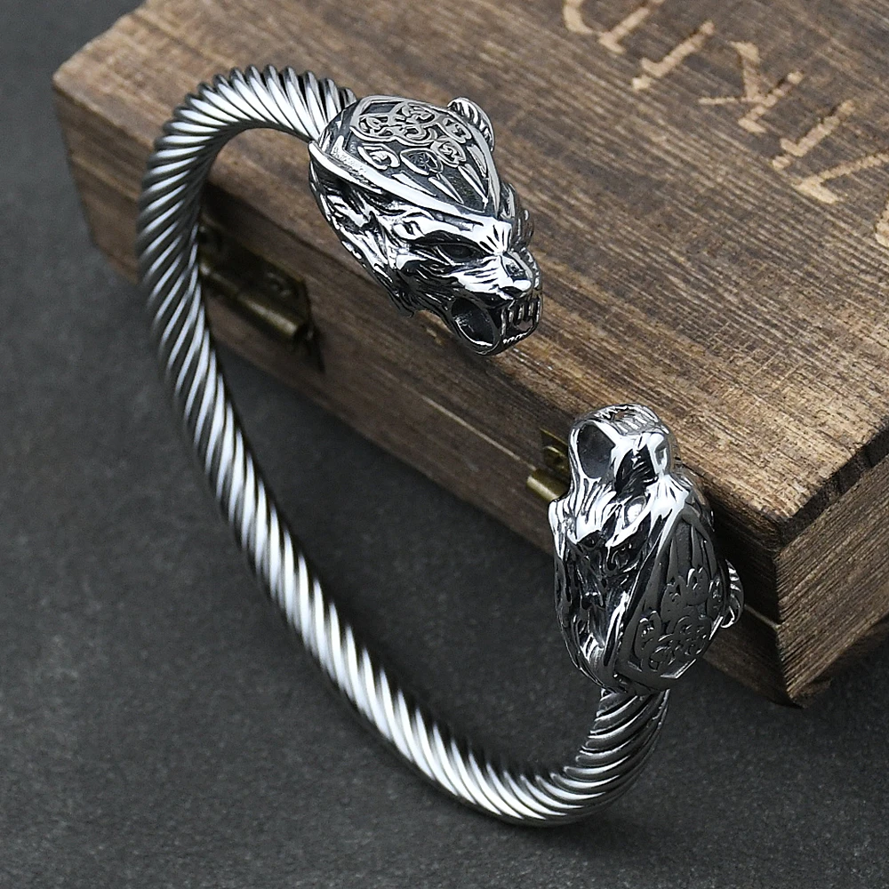 Männer Edelstahl Viking Wolf Geri und Freki Bärentatze Kopf Armreif Amulett Armbänder für Männer Geschenk Image