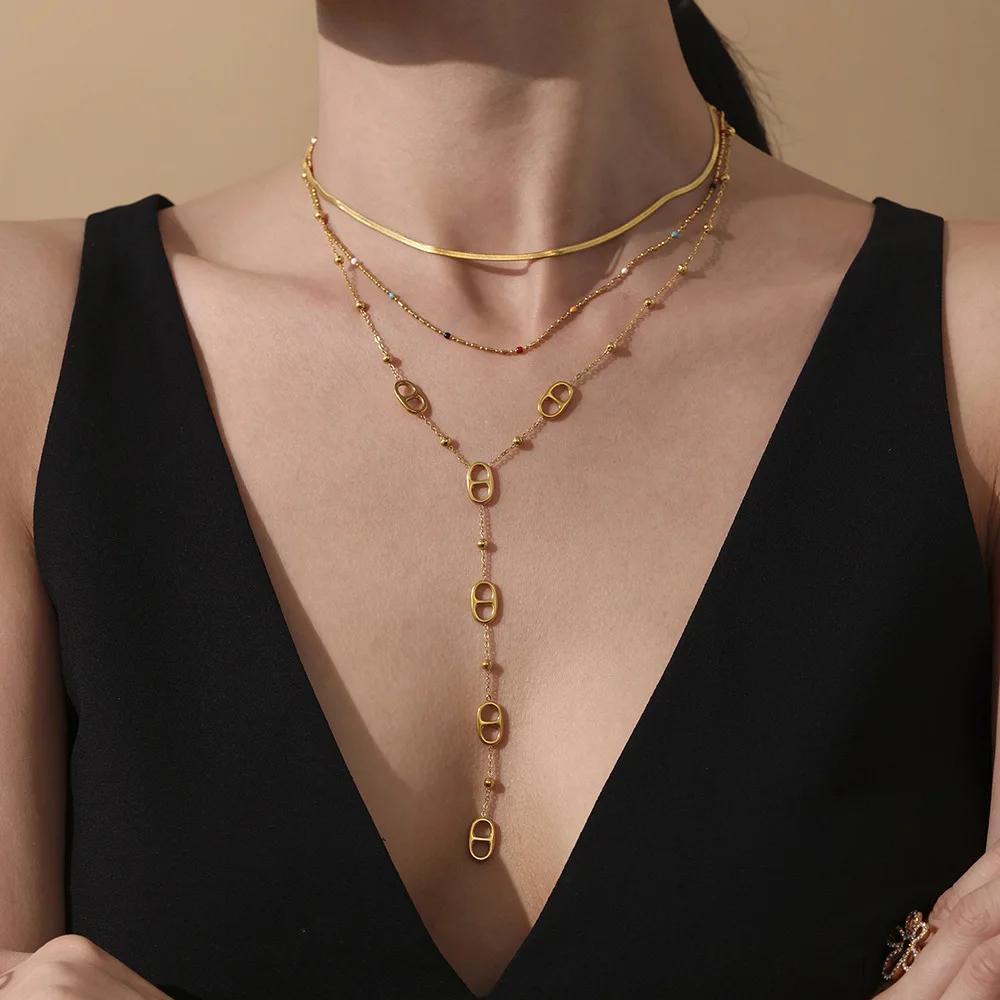 Modische lange Quasten-Halsketten aus Edelstahl mit 18 Karat vergoldeten, wasserdichten, nicht anlaufenden Ketten-Halsketten für Frauen Image