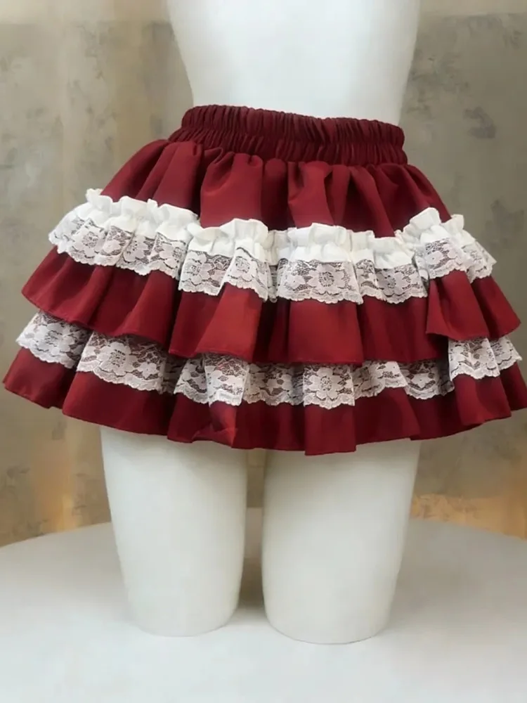 Süßer Roter Kuchenrock für Damen, Hochgeschnittener Lolita Sexy Mini-Ballrock, Frühling Sommer Preppy-Stil, Niedlicher Japan Kawaii Rock