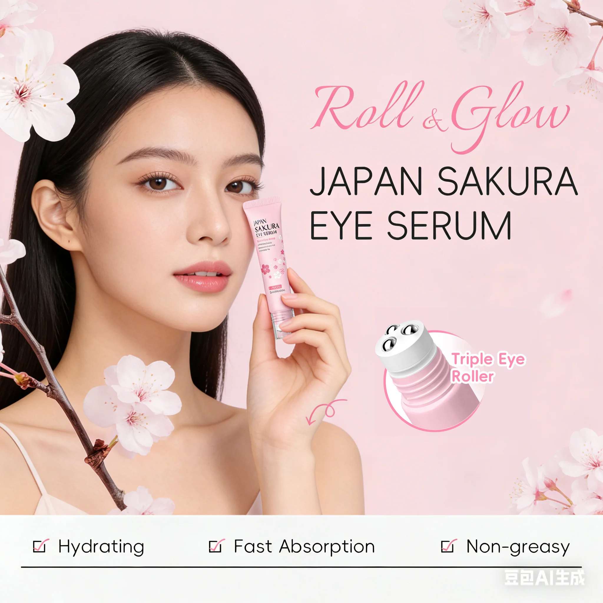 LAIKOU Japan Sakura Augenserum 15ml Dreifach-Roller Niacinamid Hyaluronsäure Vitamin C Hydratisiert Reduziert Augenringe Schwellungen Image