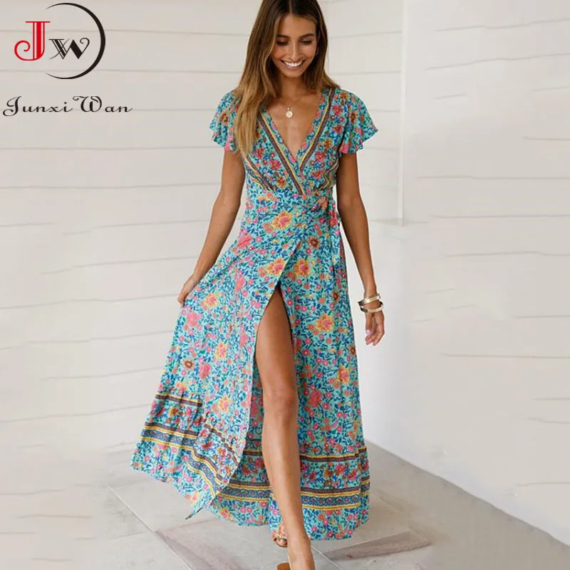 Abito lungo estivo da donna manica corta casual scollo a V stampa floreale Boho Beach abito lungo S~5XL abito da festa diviso sexy