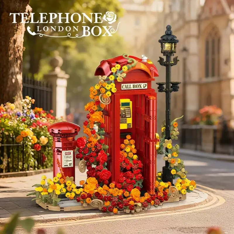 1142PCS Vintage Telephone Booth Mailbox Model Building Blocks Light-Up Street View Assembly Desktop Decor Gift