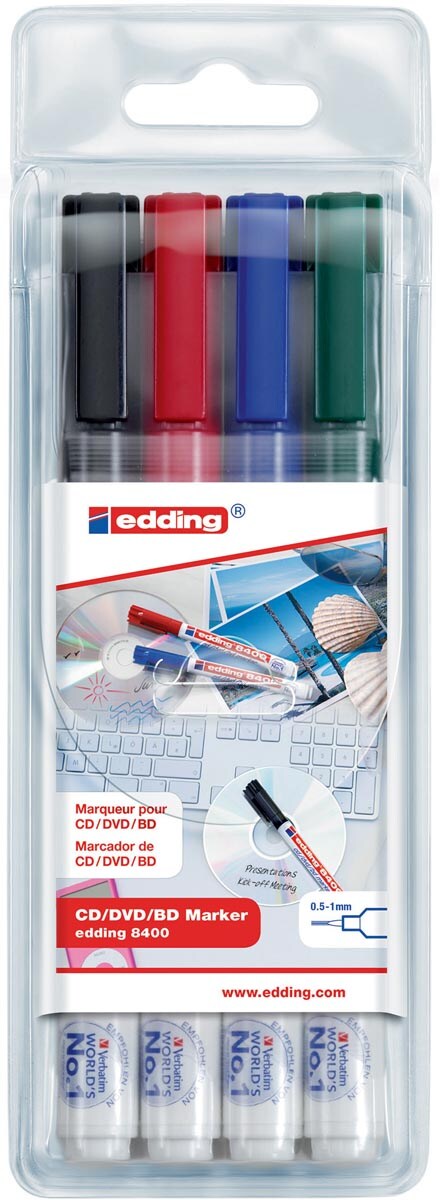 edding CD-Marker 4er Etui - sortiert, 0,5 - 1mm,Farben schwarz, rot, blau, grün Image