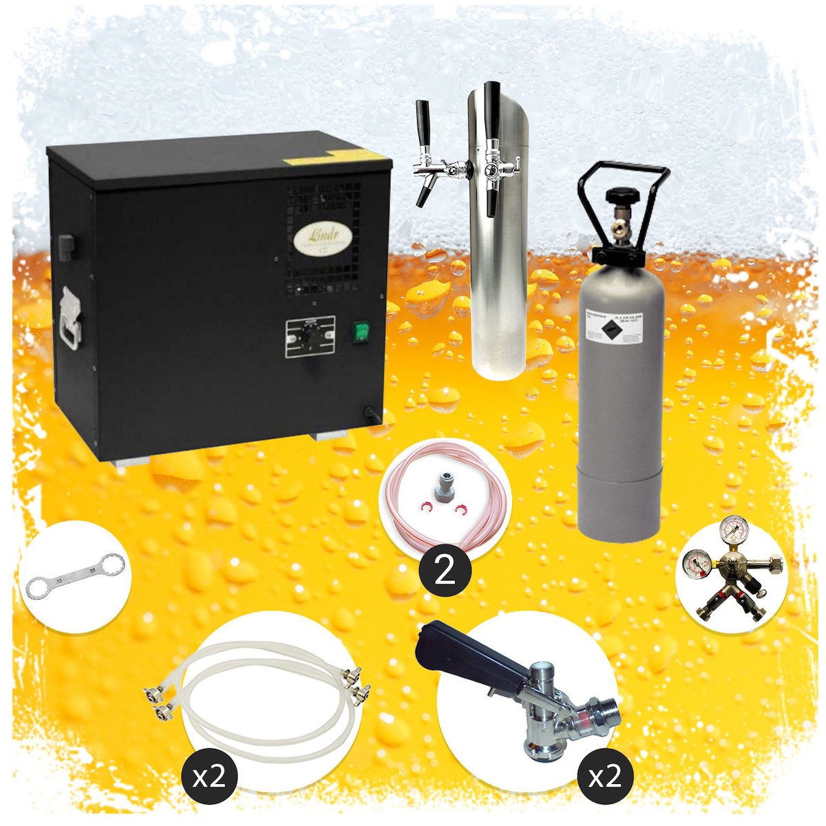 Komplett Set Zapfanlage, Bierzapfanlage AS-40, 2-leitig, Durchlaufkühler, Nasskühler - Untertheke, inkl. Schanksäule, 5 Liter Adapter,ohne Image