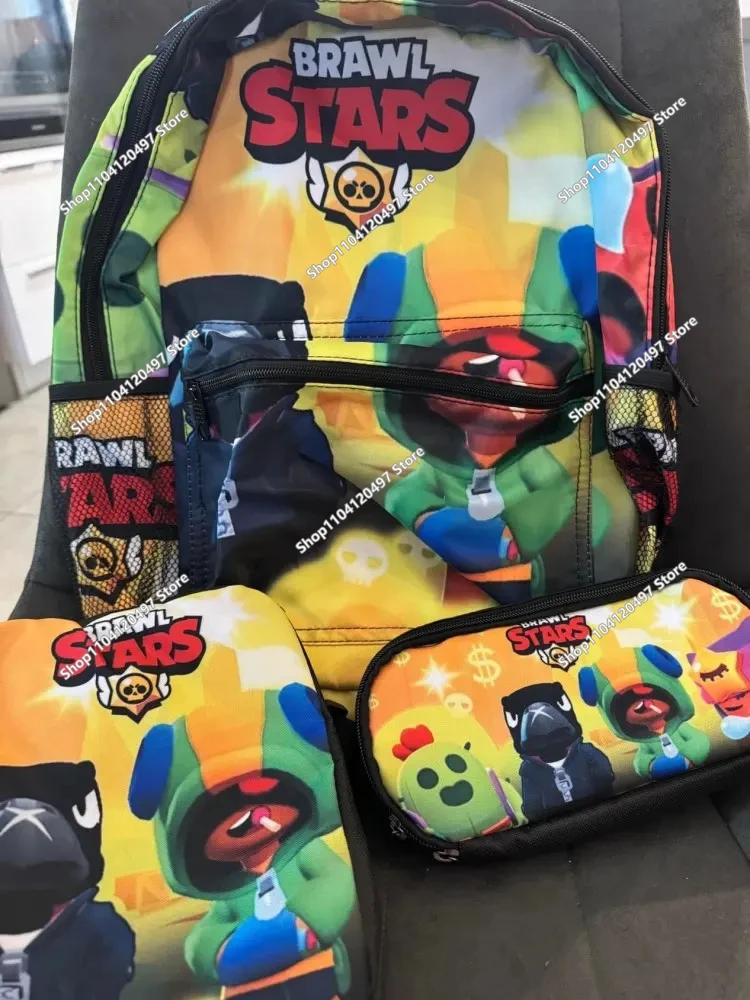 Ensemble de 3 sacs à dos d'école pour enfants, motif Anime mignon Brawl Stars, avec sacs à lunch et trousses à crayons, sacs d'école pour garçons et filles, meilleur cadeau