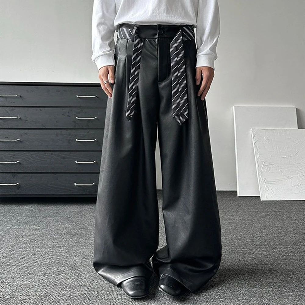 Herren PU-Leder Gestreifter Gürtel Schlichte Freizeithose Streetwear Mode Jugendliche Weite Hose in Bodenlänge Herrenkleidung 2026 Neu Image