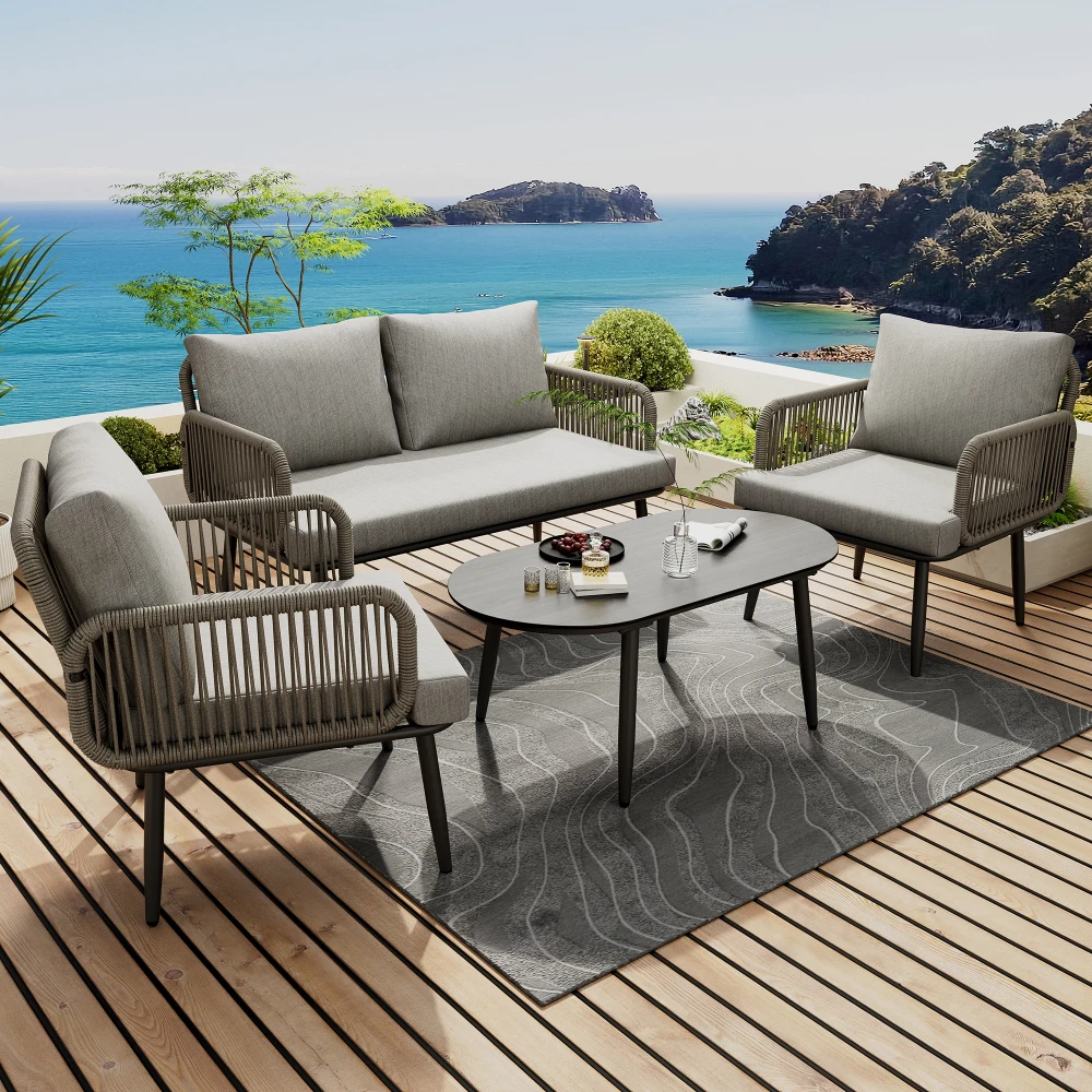 Garten-Lounge-Set mit Komfortablen Kissen, 2-Sitzer-Sofa, 2 Sesseln und Kaffeetisch, Holzfäller-Stil Glasplatte
