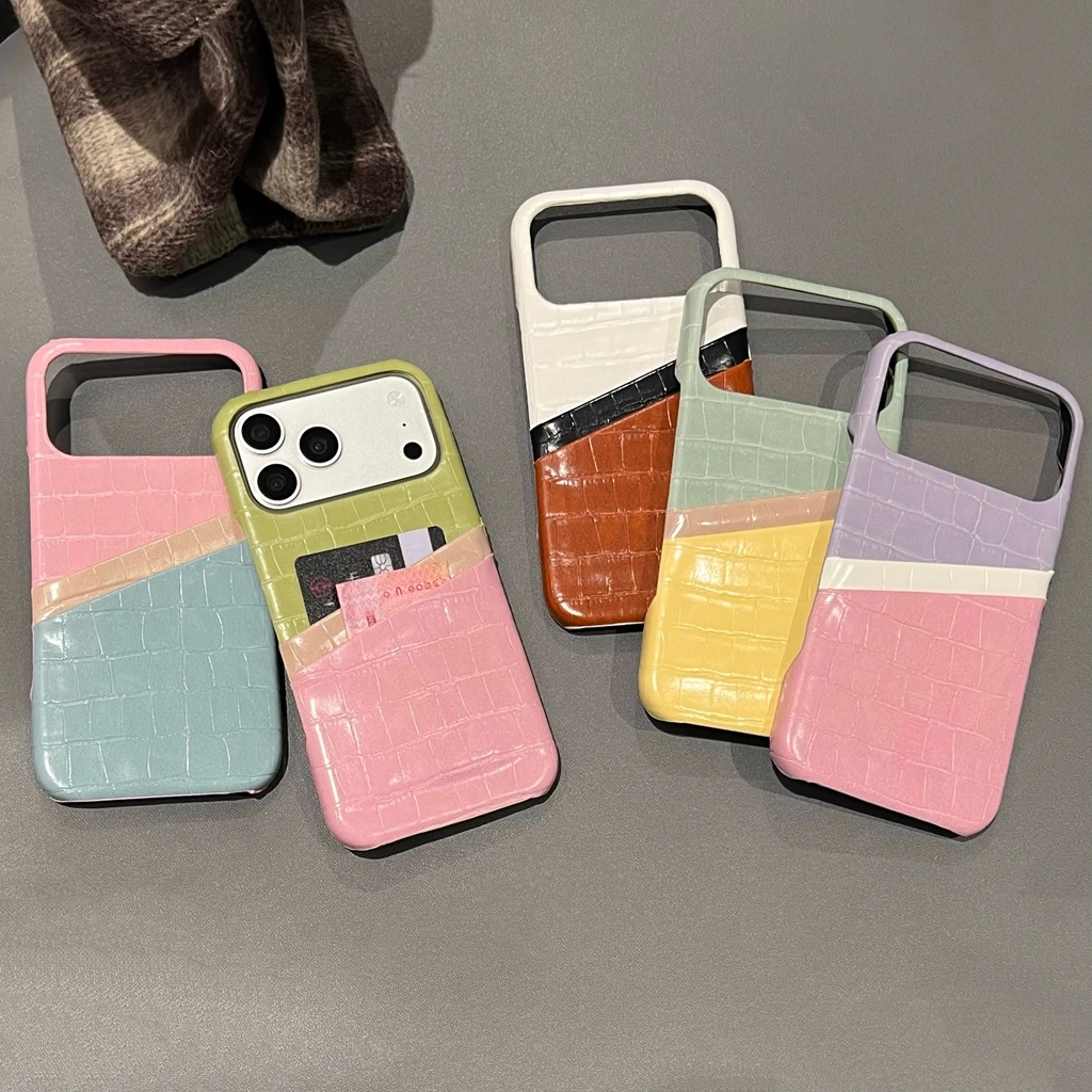 Luxuriöse Macaron-Farbblock-Krokodilleder-Optik Kunstleder-Kartenetui Handyhülle für iPhone 17 16 15 14 13 Pro Max Plus Image
