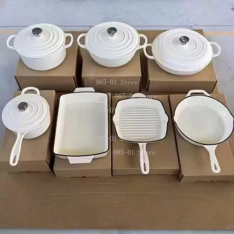 7-teiliges Gusseisen-Emaille-Topfset Küchen-Kasserolle Suppentöpfe Pfannen Kochgeschirr Image