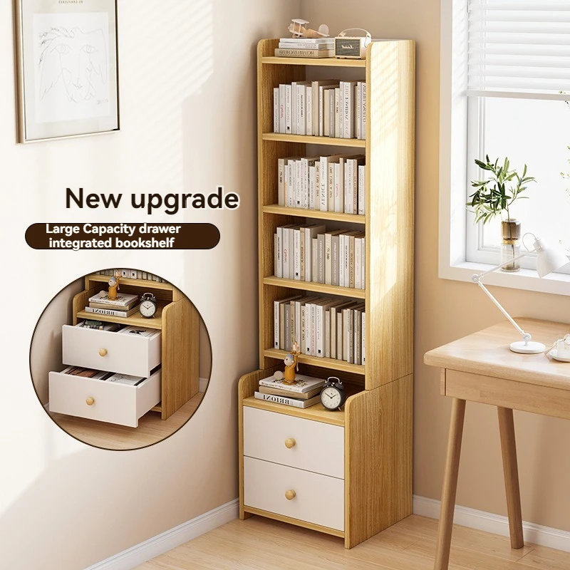 Bücherregal, modernes, einfaches, mehrschichtiges Aufbewahrungsregal für Schlafzimmer mit erhöhtem Nachttisch, Schublade mit großem Fassungsvermögen, integriertes Bücherregal Image
