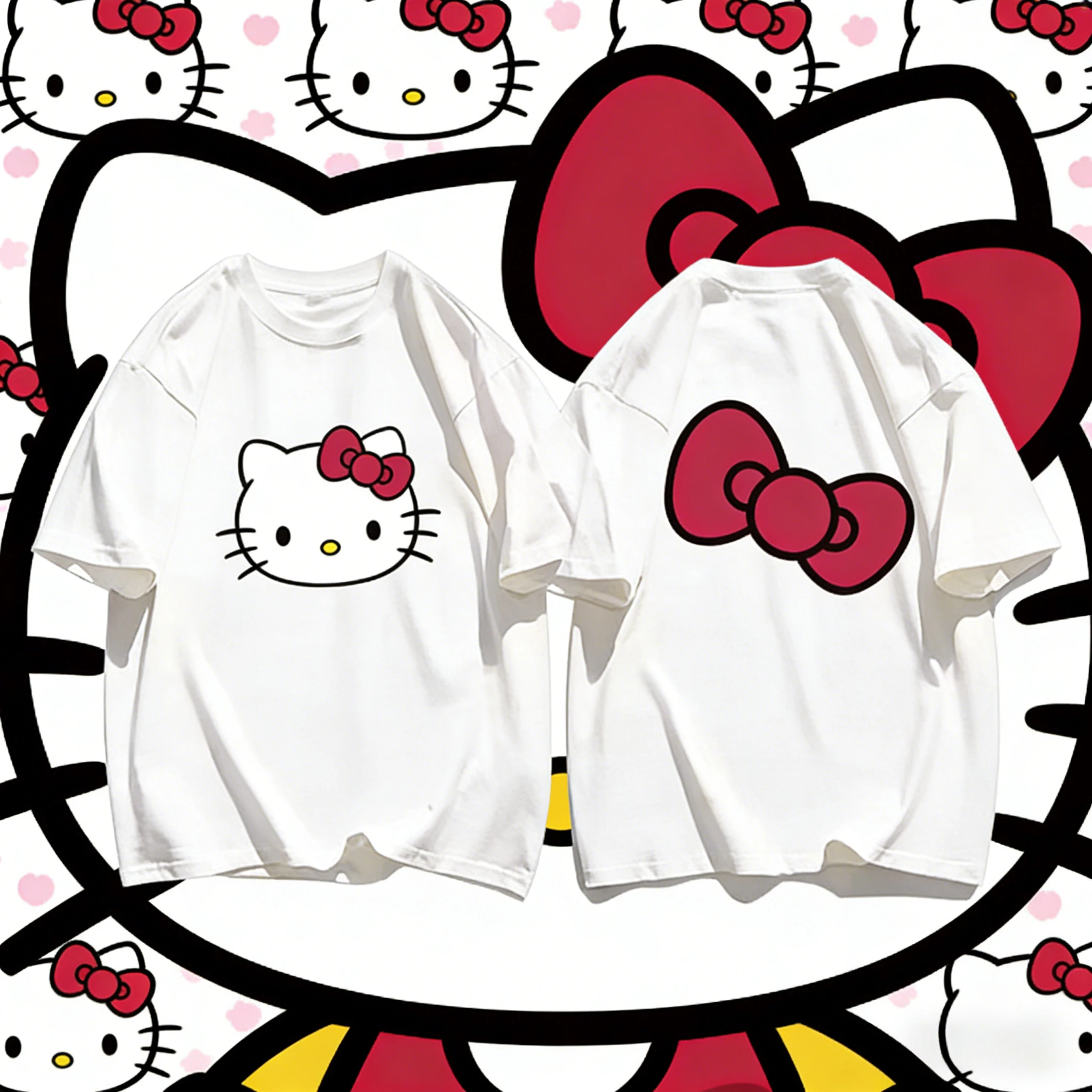 2026 Sommer Hello Kitty Doppeldruck-Thema 100% Reine Baumwolle Bedrucktes Oversize-T-Shirt für Erwachsene, Kinder und Eltern