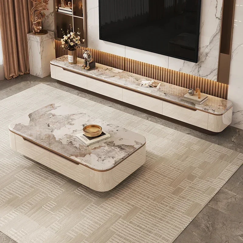 Home Desk Mesas Microcrystalline Stone Glass Light Luxuriöser, schlichter Couchtisch und TV-Schrank, Couchtische, Pliante-Möbel Image