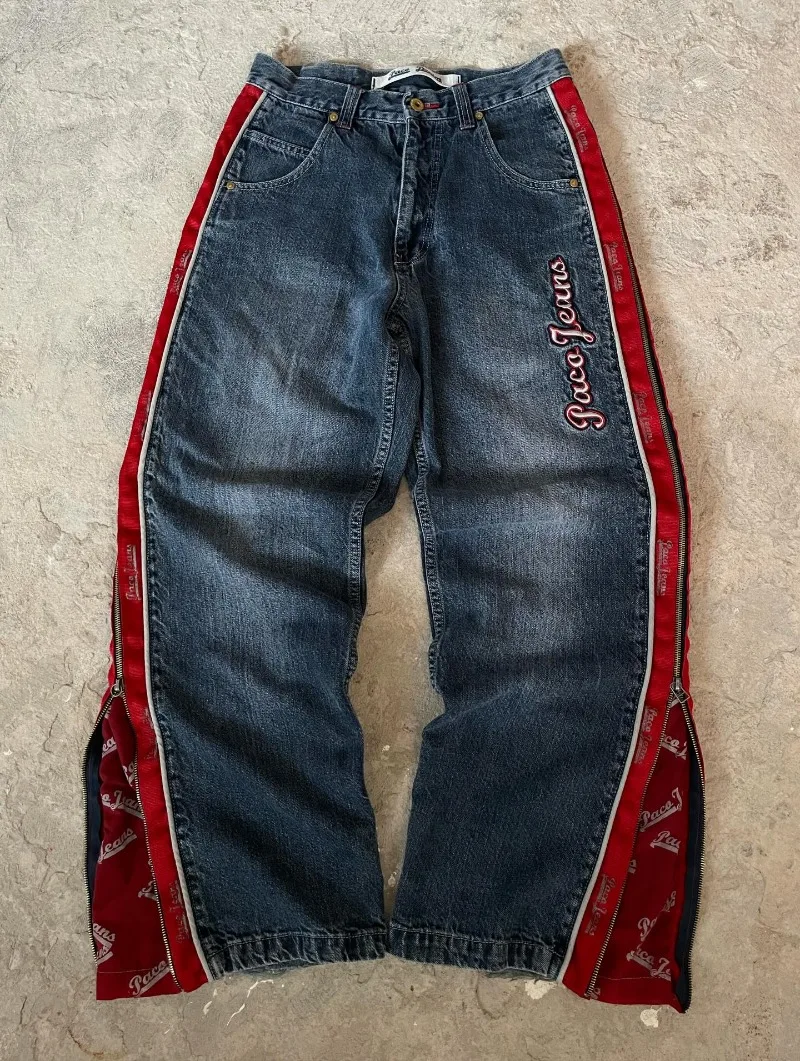 Y2K Mode Neue Buchstaben-Stickerei Seitlicher Roter Reißverschluss Baggy Jeans Damen Gothic HipHop Rock Vintage Lässige Gerade Weite Hosen