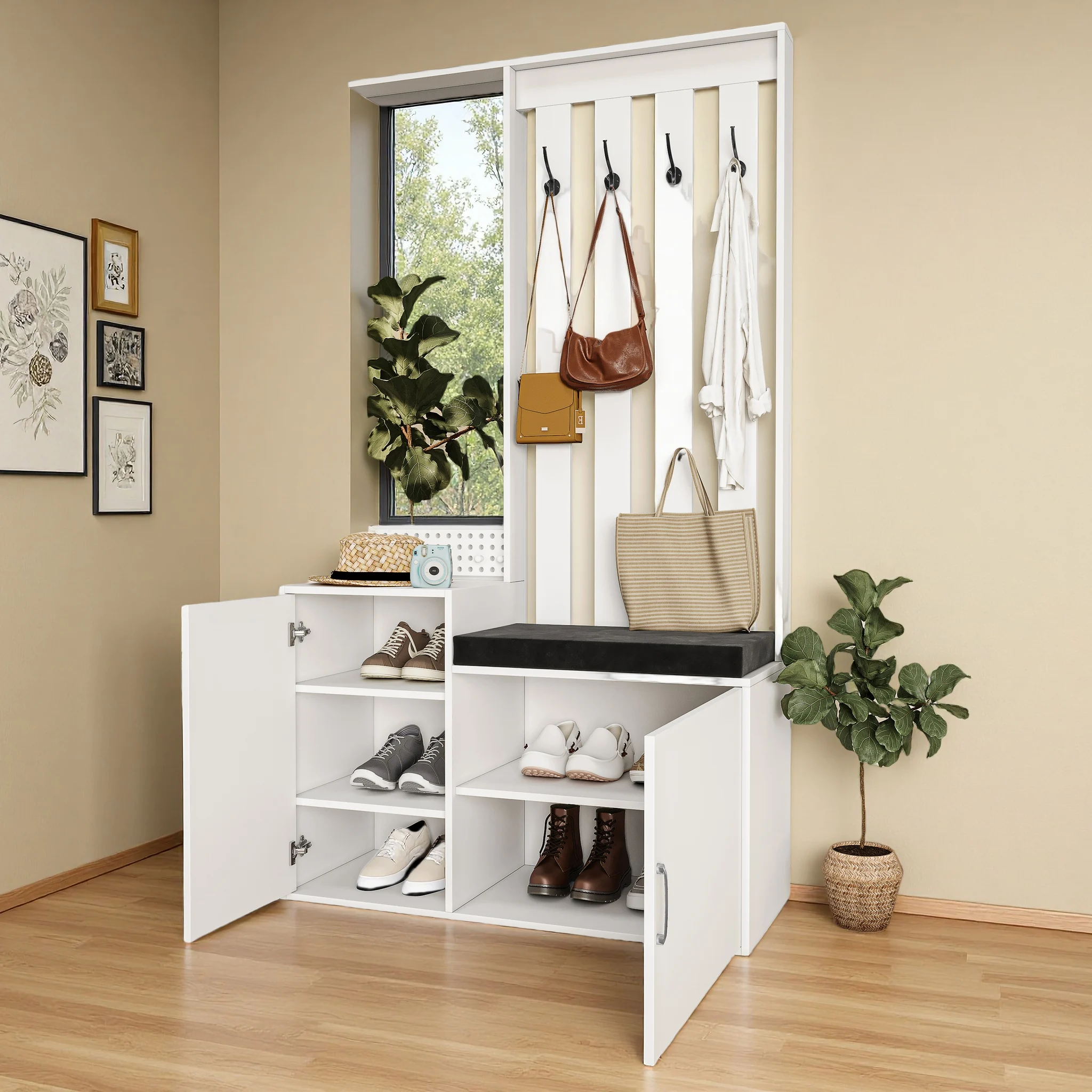 Garderoben-Set, Flurgarderobe mit Sitzbank & Spiegel, Garderobe mit Schuhschrank, 4 Kleiderhaken, Schuhbank Wandgarderobe Set, Eingangsbereich, Flur, 100x40x180cm, Weiß