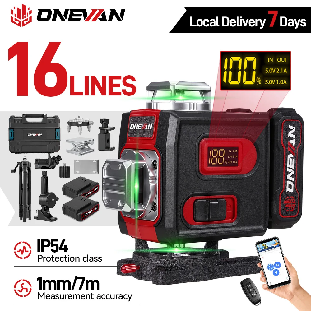 ONEVAN 16-Linien 4D Laser-Nivelliergerät Selbstnivellierend 360° Horizontal und Vertikal Kreuz Superstarkes Grünes Laser-Nivelliergerät mit Stativ Image
