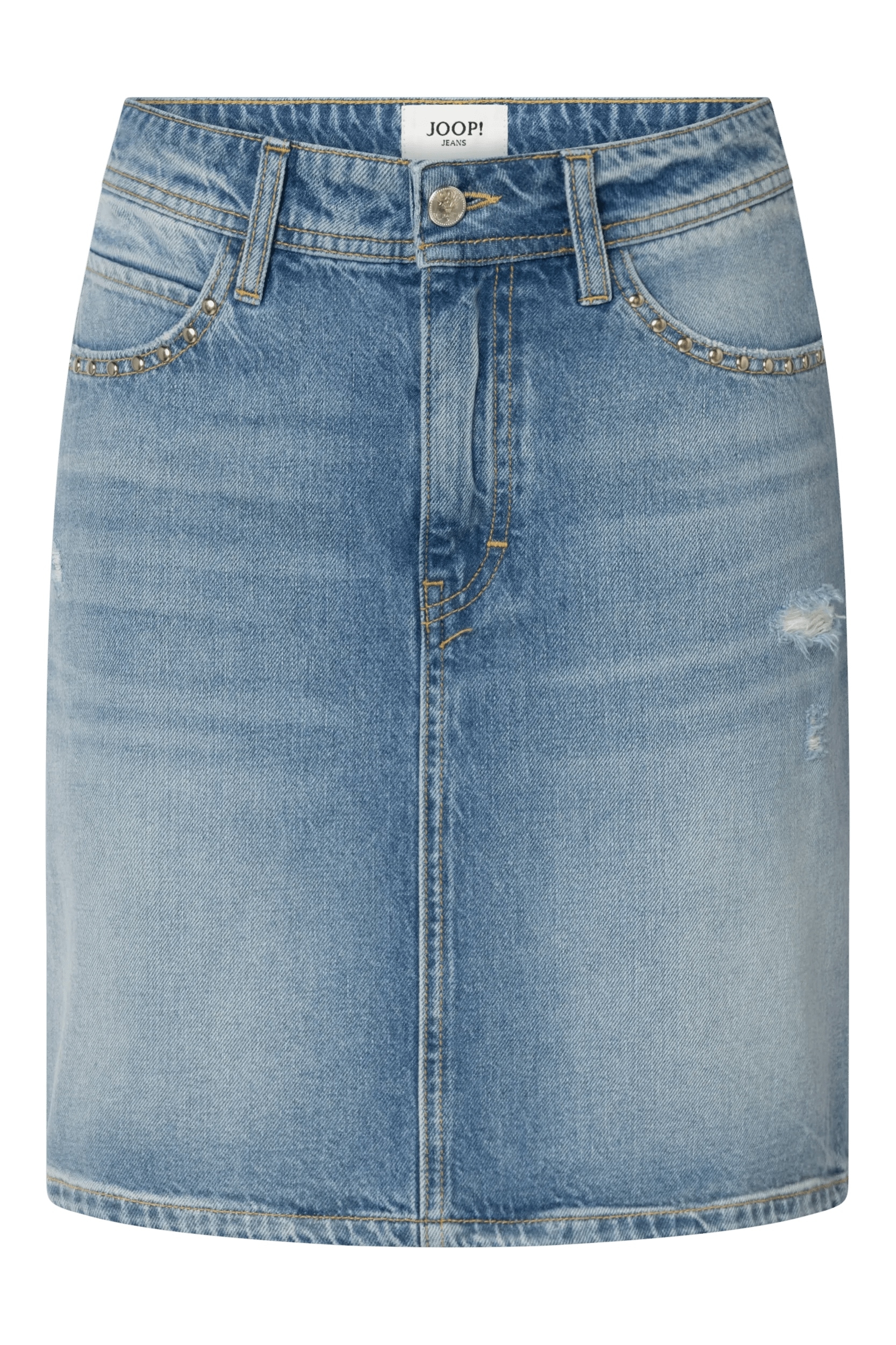 Jeansrock JOOP JEANS "Rosalie", Damen, Gr. M, lt, pastel blau, Denim/Jeans, Obermaterial: 100% Baumwolle, Destroyed-Effekte, ca. Mitte Oberschenkel, Röcke Jeansrock, mit Destroyed-Effekten, Nieten Image