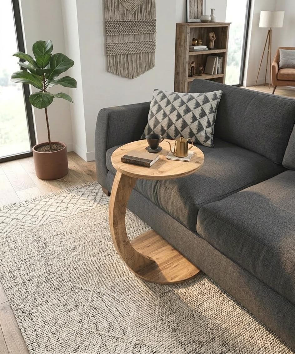 Tavolino laterale in legno a forma di C per divano - Tavolino laterale moderno per divano, tavolino per soggiorno di piccole dimensioni. / Opzioni col