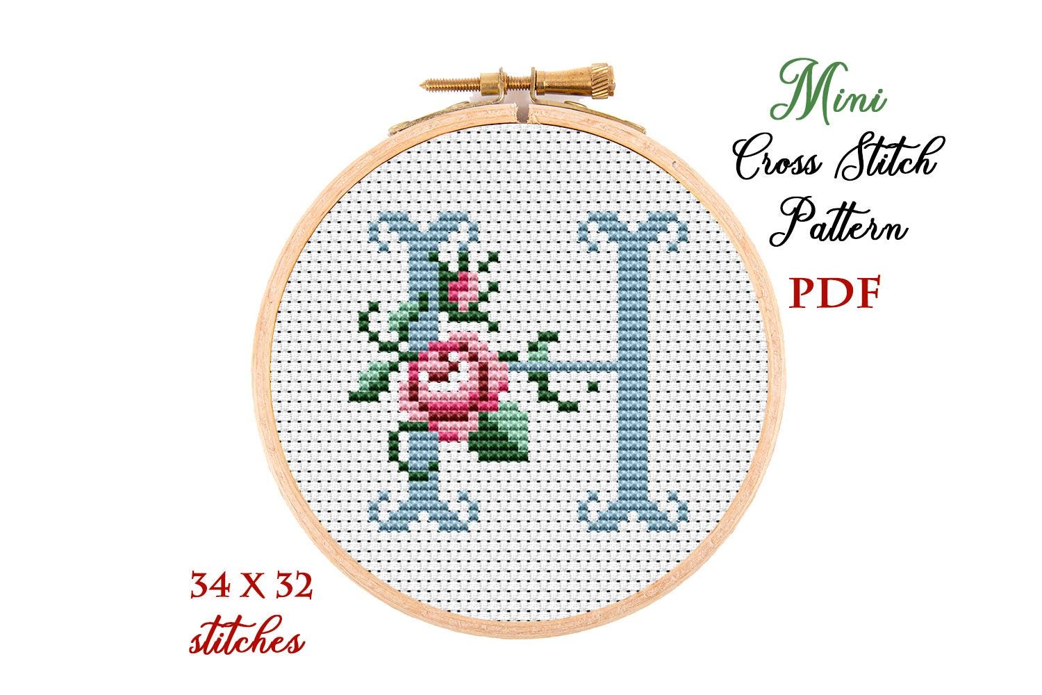 Lettera floreale H, mini schema alfabeto punto croce, monogramma floreale, ricamo a punto croce, ricamo iniziale, download digitale PDF