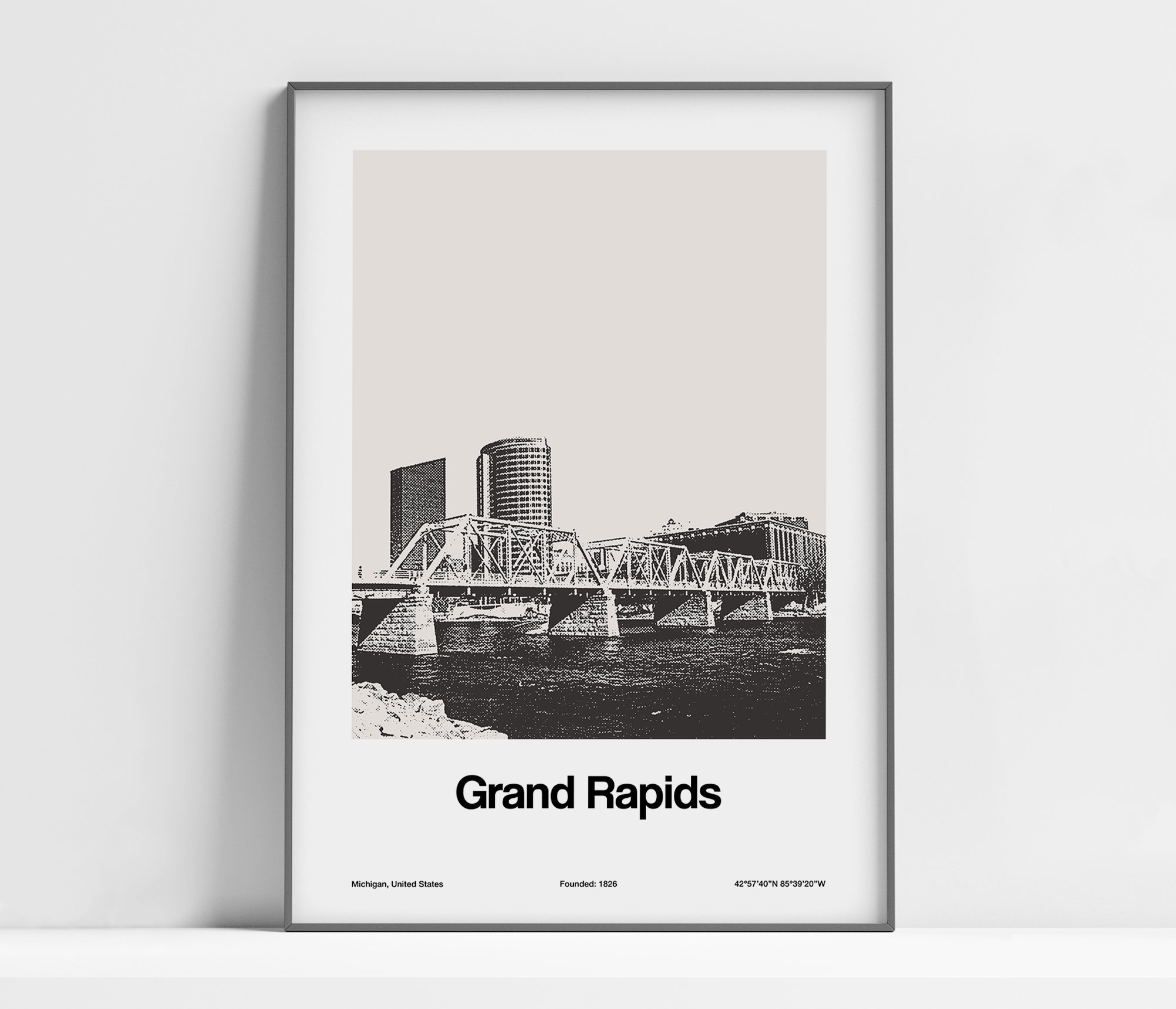 Grand Rapids Print, Grand Rapids Michigan Poster, Grand Rapids MI Nero Bianco Grand Rapids Blue Bridge Wall Art Minimalista Custom City Print