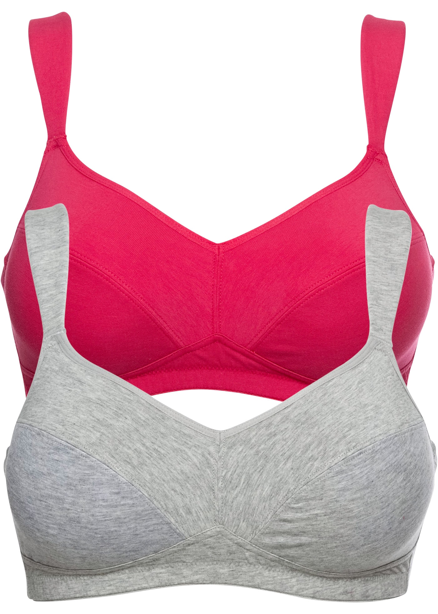 Bügel-BH BONPRIX "BH ohne Bügel mit Baumwolle (2er Pack)", Damen, Gr. 11,5, Cup B, hibiskuspink, hellgrau meliert, Obermaterial: 95% Baumwolle, 5% Elasthan. Futter: 100% Baumwolle, BHs Bügel-BH, im praktischen 2er Pack, mit breiten, verstellbaren... Image
