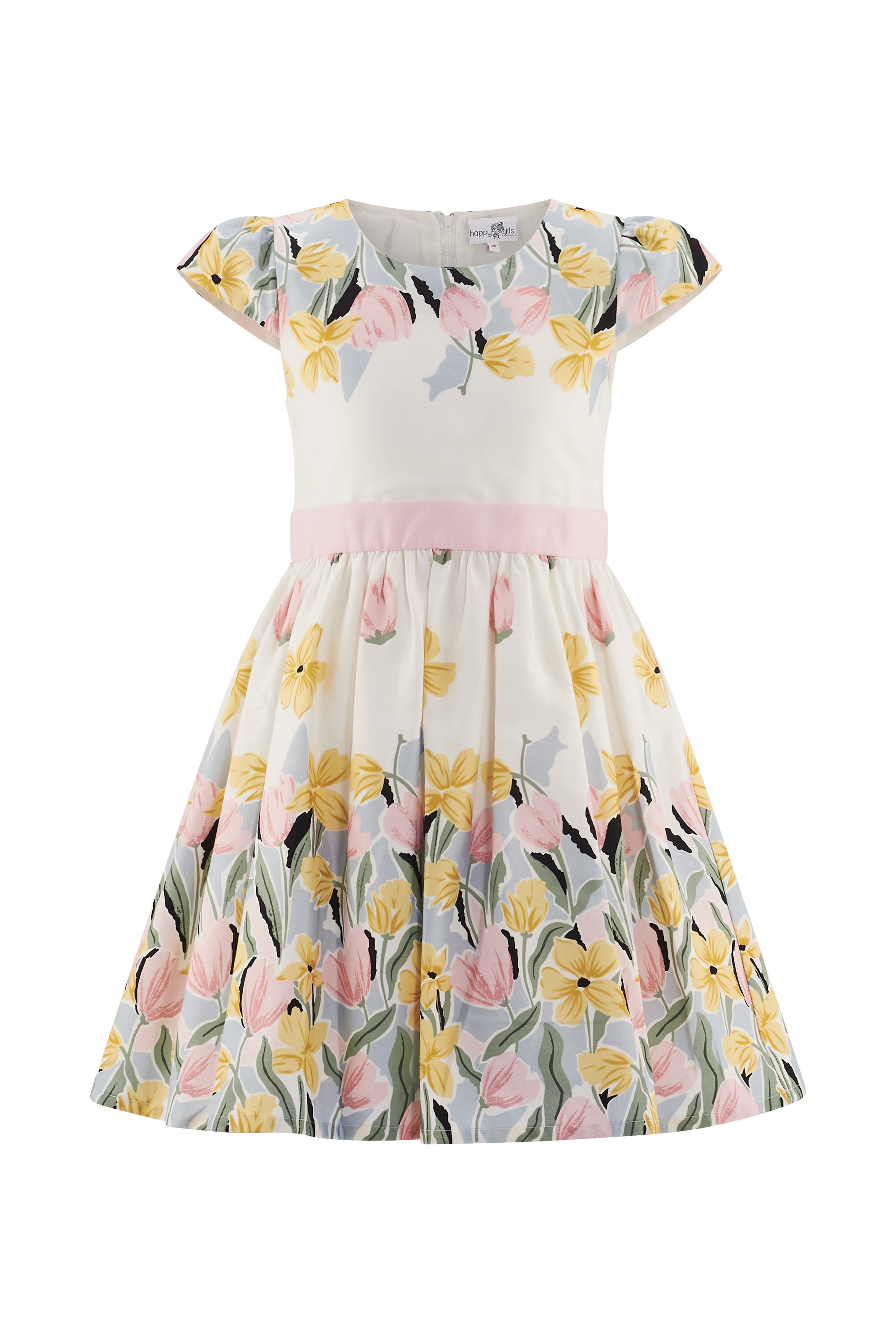 Sommerkleid HAPPY GIRLS, Mädchen, Gr. 134, N-Gr, ecru, Web, Obermaterial: 100% Baumwolle. Futter: 100% Baumwolle, bedruckt, geblümt, Basic knieumspielend, Rundhals, Flügelärmel, Kleider Sommerkleid, mit Deko-Schleife und Nahtreißverschluss im Rücken Image