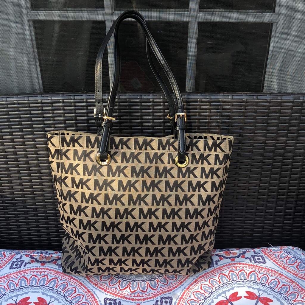 Michael Kors Bags | 5 Michael Kors Tan With Black Mk Logo Canvas Leather Tote With Matching Wallet | Color: Black | Size: Os