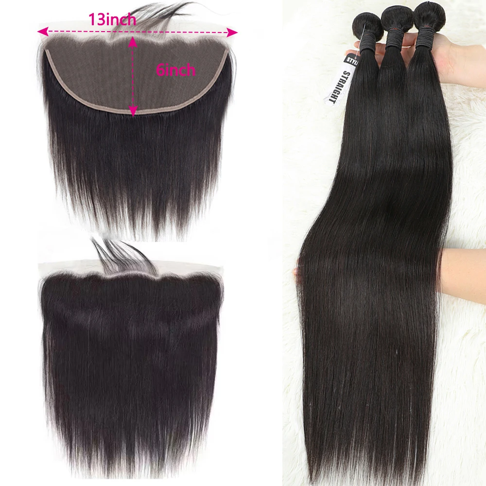 Extensioni e Ciocche di Capelli Umani 15A, Frontale in Pizzo 13x6 da 24 Pollici con Ciocche, Ciocche di Capelli Umani Lisci da 32 Pollici, Ciocche di Capelli Umani Brasiliani Grezzi, Chiusura per