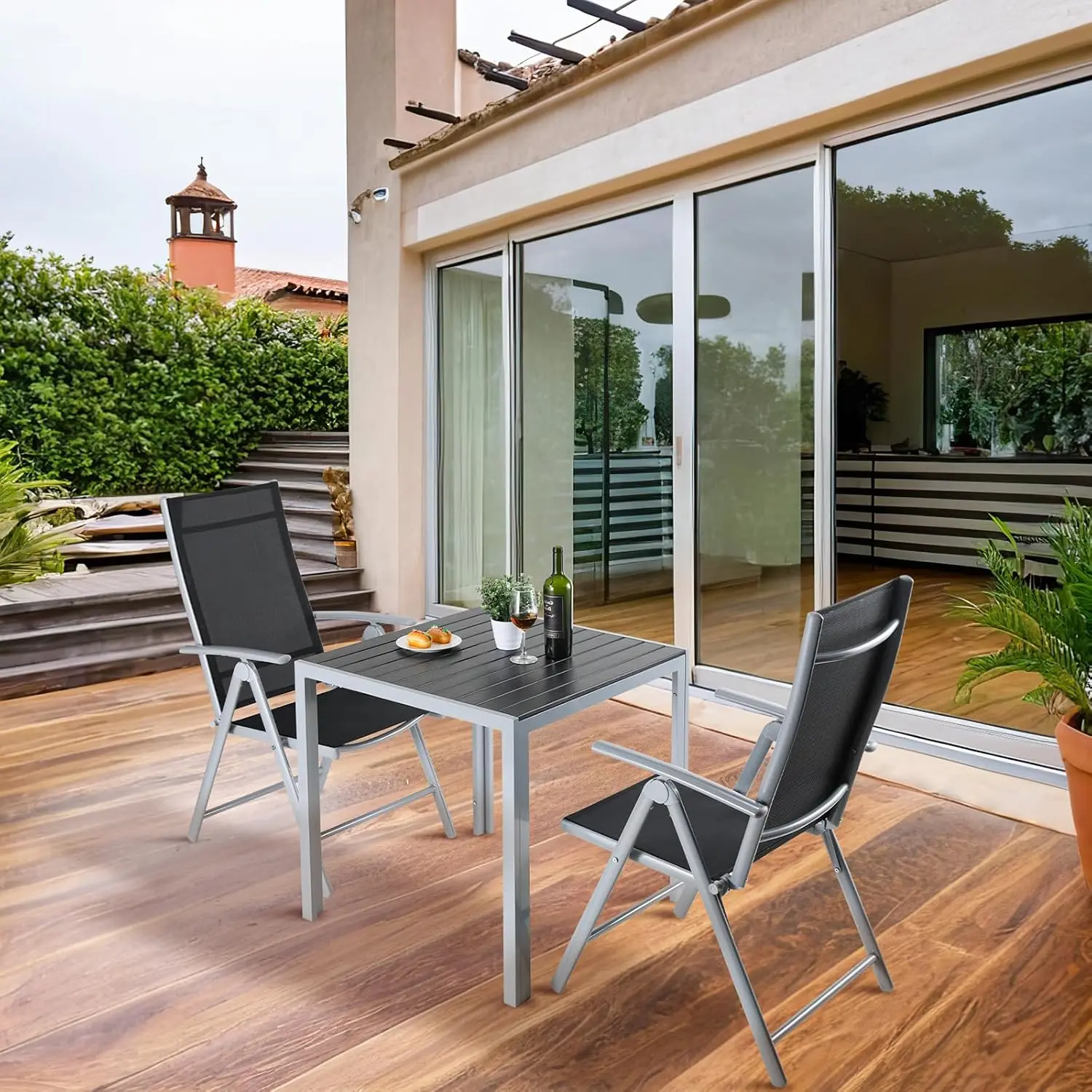 Set da Giardino in Alluminio 3 Pezzi, Set da Balcone con 2 Sedie e 1 Tavolo, Tavolo da Giardino in WPC e Sedia Pieghevole Regolabile con Schienale Alto