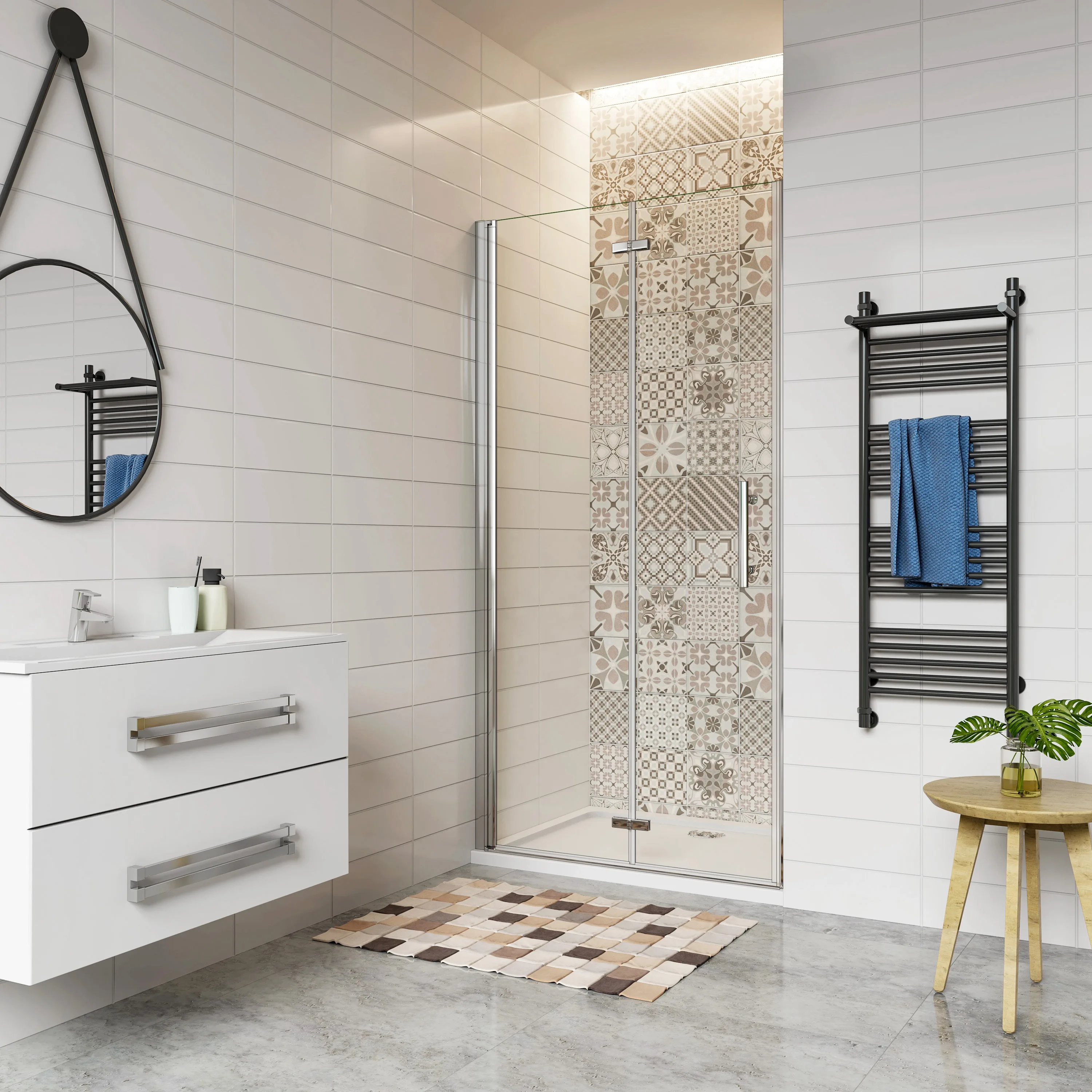 H.185 cm Porta Doccia Per Nicchia 70/76/80/90/100/110/120 cm Battente e Pieghevole a Libro In Vetro Temperato Trasparente Anticalcare Da 6 mm