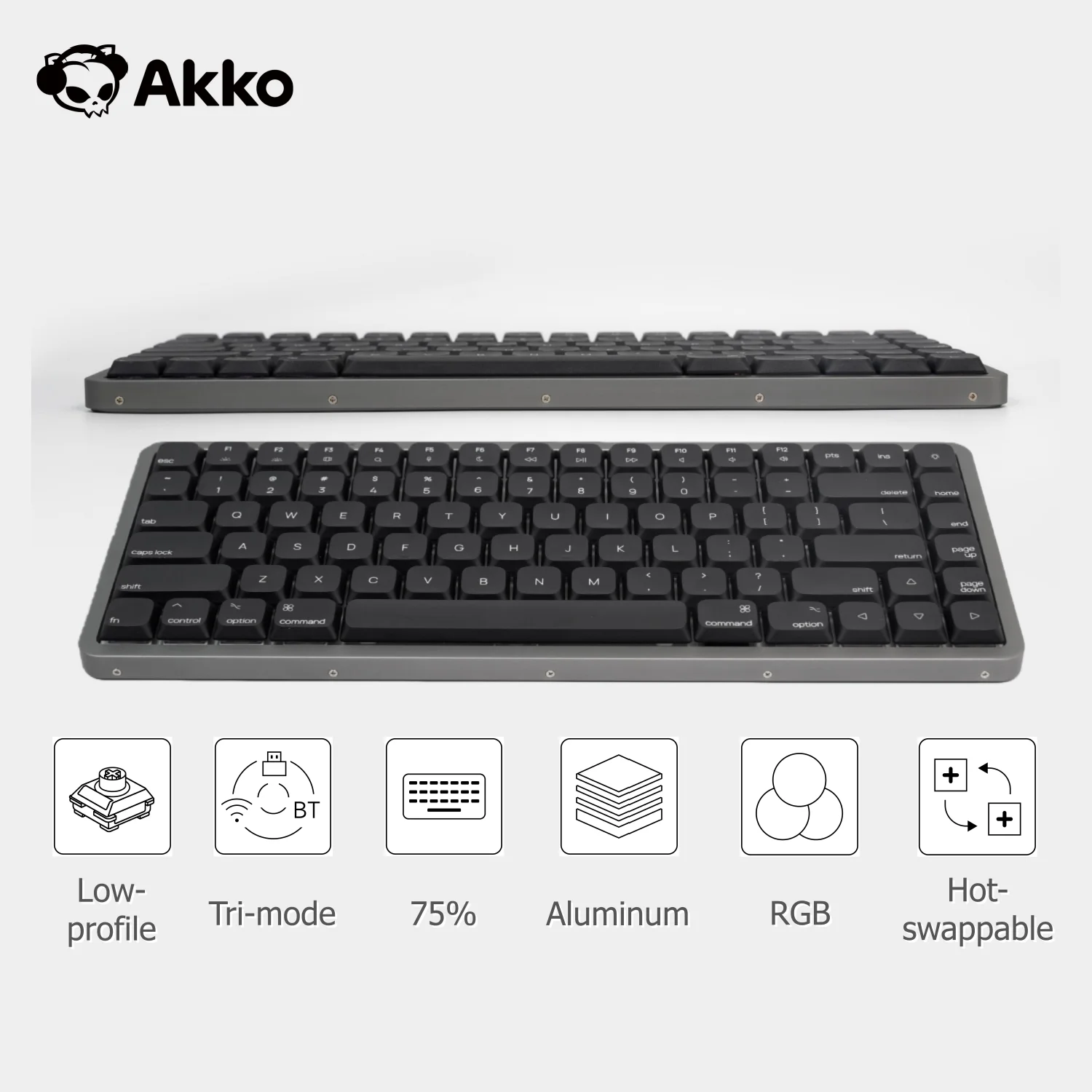 Tastiera Meccanica a Basso Profilo Akko Air 01, Layout Mac 75% 84 Tasti, Personalizzabile, Hot-swappable, RGB, Wireless, con Case in Alluminio