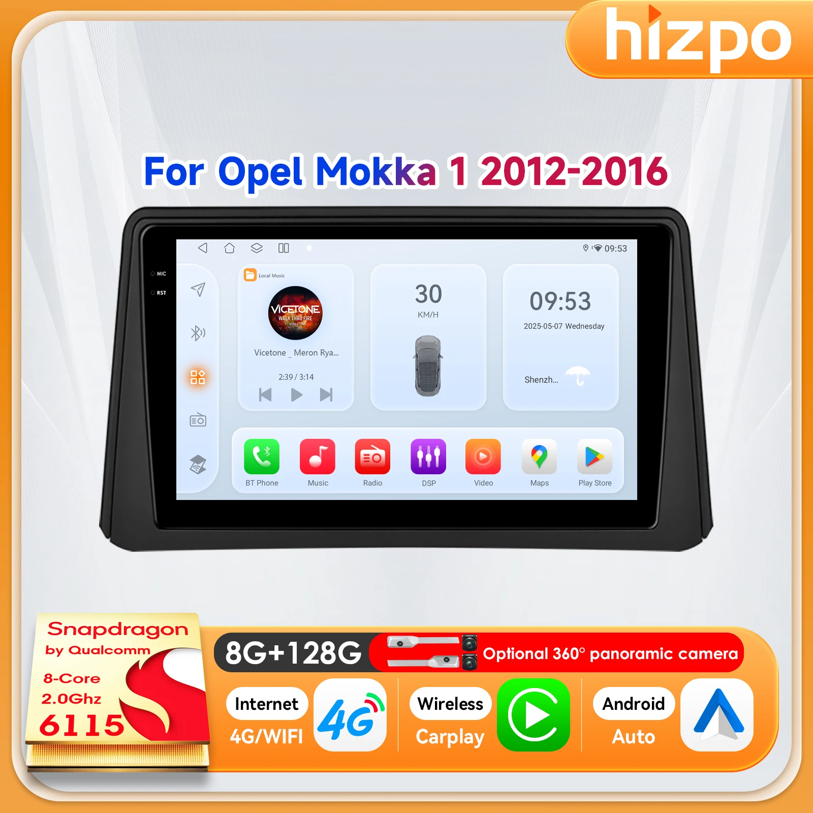 Hizpo Autoradio 9" Carplay Android 14 per Opel Mokka 1 2012-2016, Lettore Stereo con Touchscreen, Navigazione, SWC, GPS, 4G