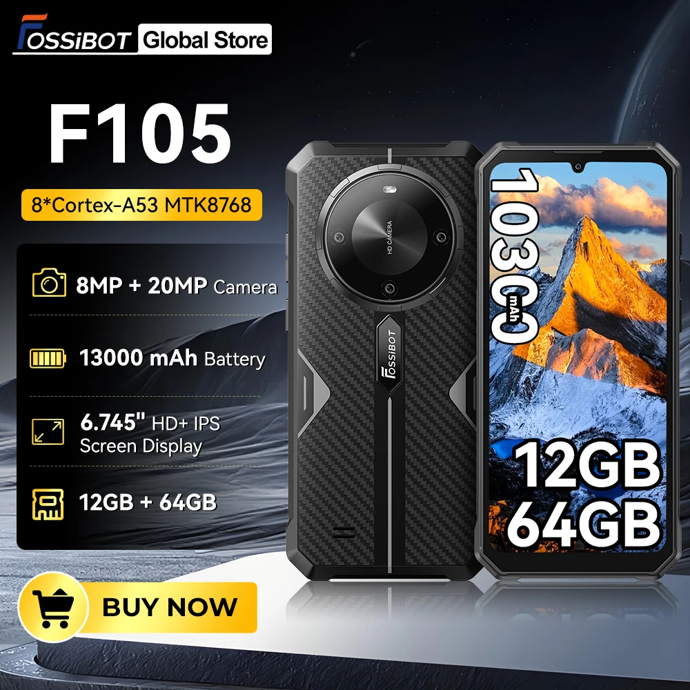 FOSSiBOT F105 Rugged Smartphone 12(4+8)GB+64GB 10300mAh Android 14 OS Mobile Phone 20 MP Camera 6.745