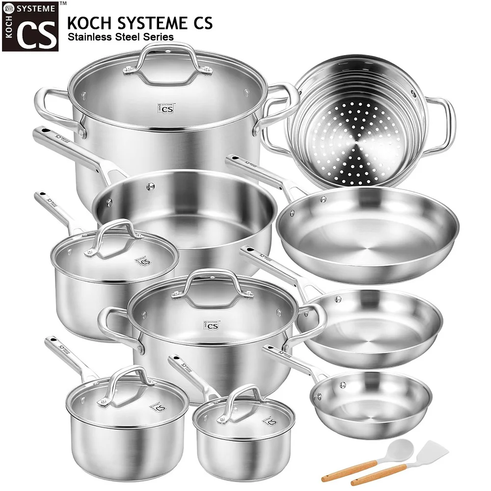 Set di pentole e padelle in acciaio inox KOCH SYSTEME CS, 17 pezzi, set da cucina professionale, padella, casseruola, pentola per zuppa, compatibile con l'induzione