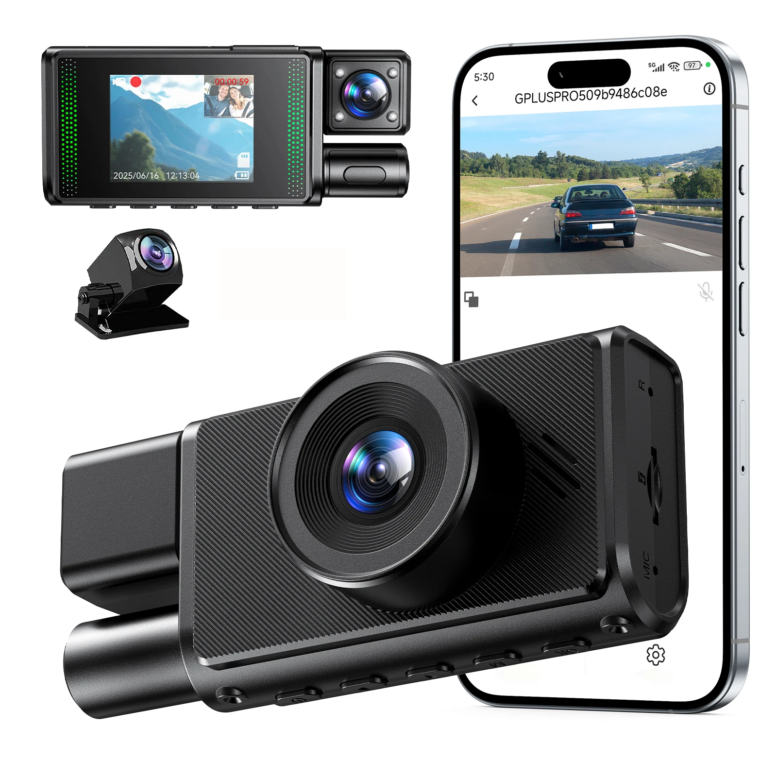 Dash Cam a 3 canali WIFI Telecamera DVR per auto Videoregistratore FHD 1080P Obiettivo anteriore e posteriore Visione notturna IR Monitor di parcheggio 24 ore