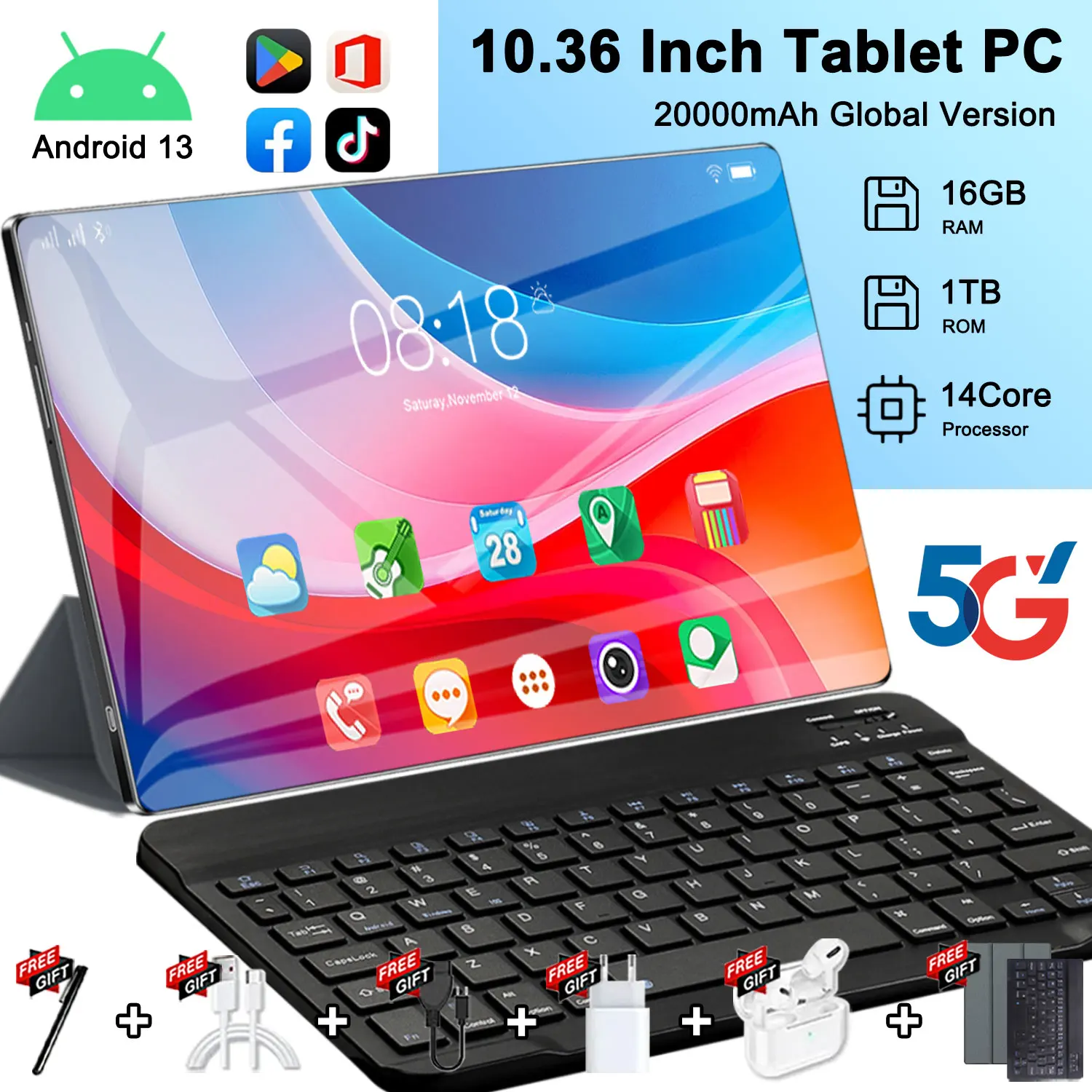 Nuovo Tablet 5G 2026 da 10.36 pollici, 16GB+1TB, 14 core, 20000mAh, Android 13.0, Bluetooth, WIFI, GPS, HD, con tastiera
