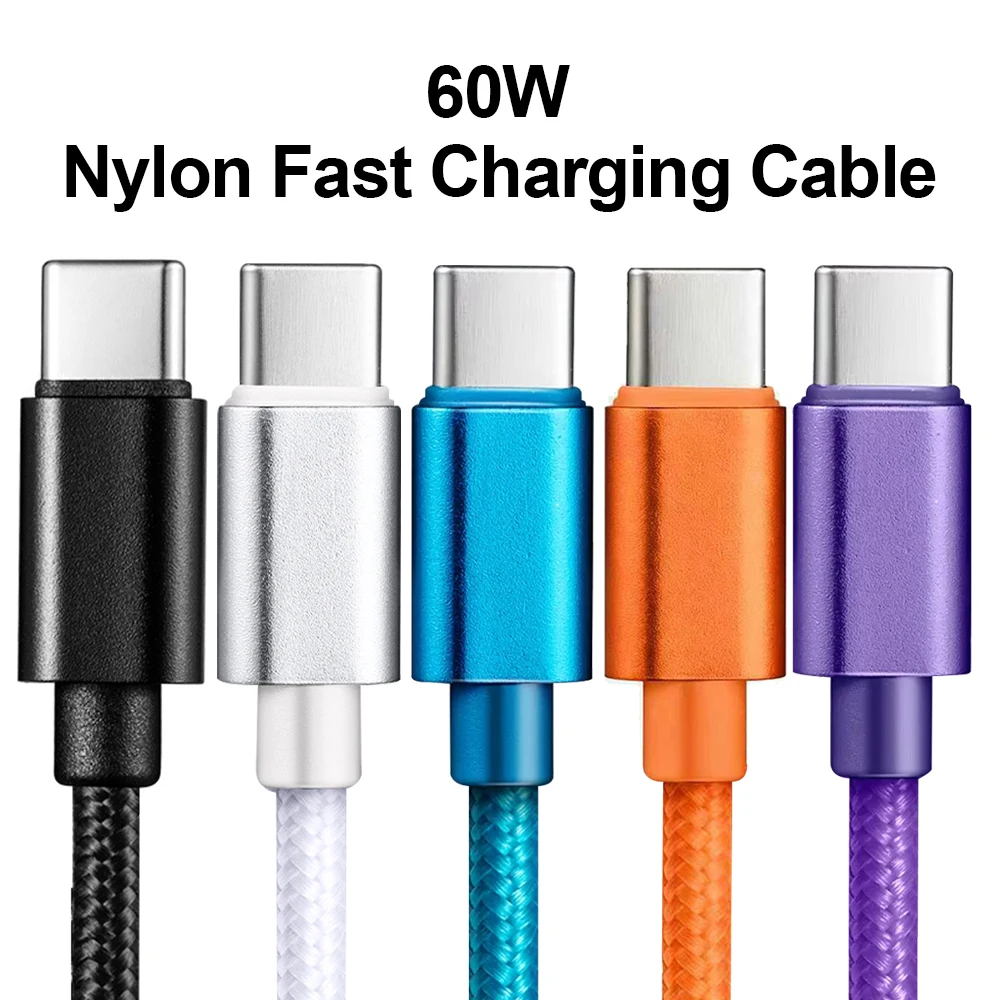 Cavo USB-C intrecciato in nylon da 60W per iPhone 15 16 17 Pro Max, 1m 2m 3m, Cavo di ricarica rapida da USB-C a USB-C per Samsung Xiaomi Huawei