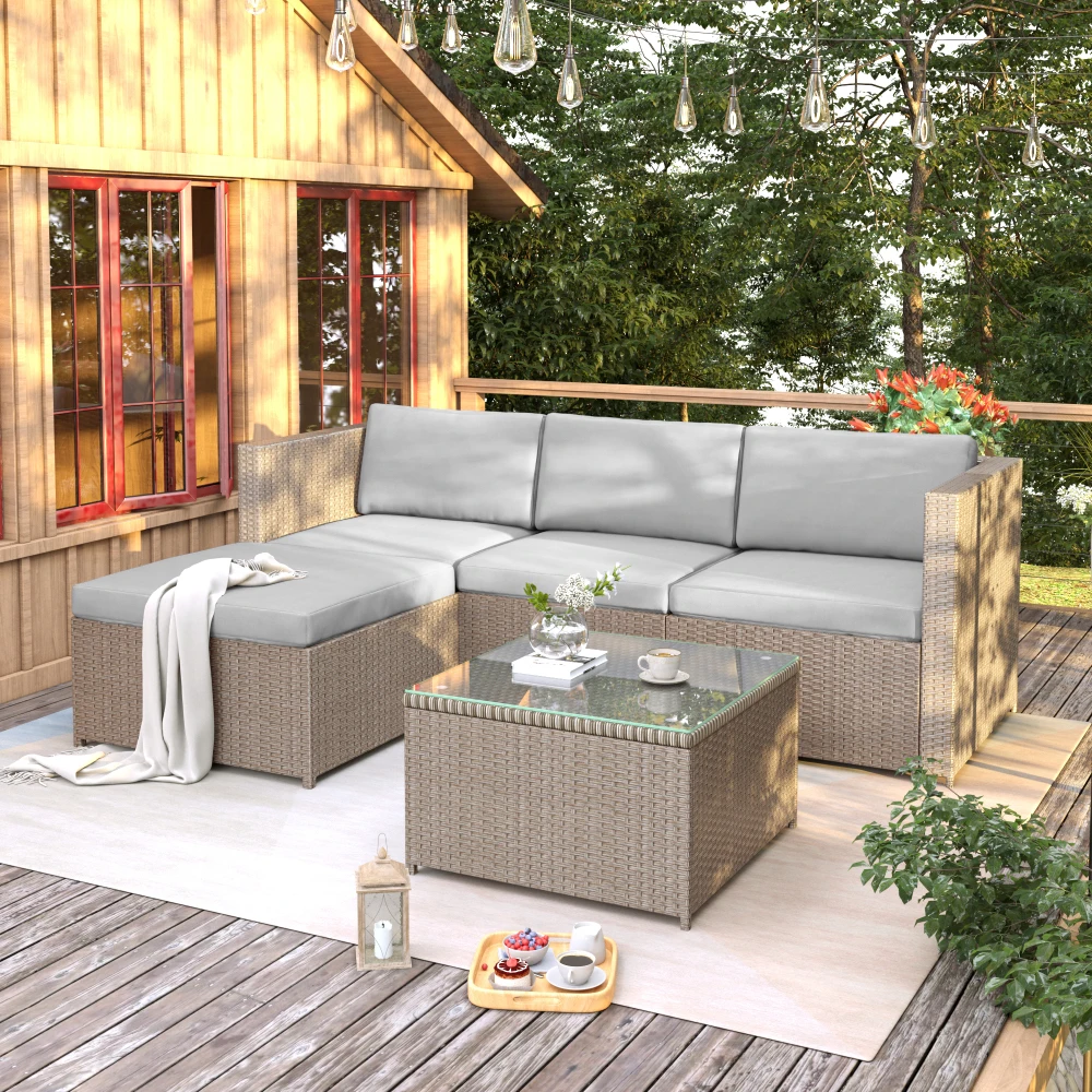 Polyrattan Lounge-Sofa-Garnitur, Garten-Lounge-Möbel, Ecksofa mit Sitz- und Rückenkissen, Lounge-Tisch mit Glasplatte