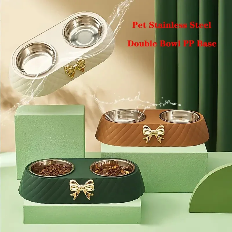 Haustier Katze Futternapf PP Basis Fliege Bowknot Katze Feeder Edelstahl Doppel Schüssel Hundefutter Fütterung Trinkbehälter Haustier liefert