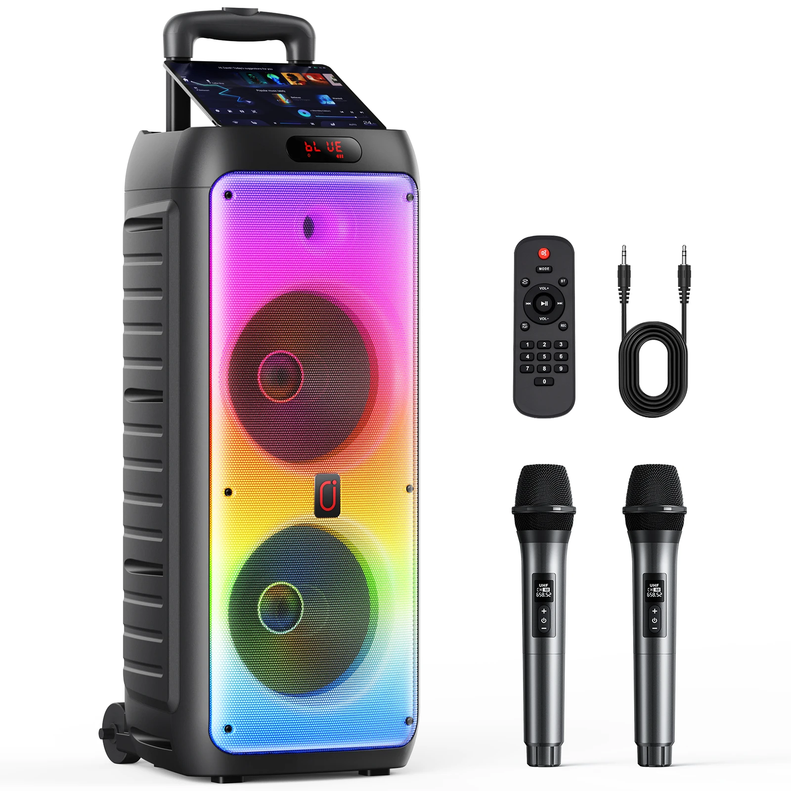 Großer Bluetooth-Lautsprecher, Kabelloser Lautsprecher mit Rädern und Schiebestange, T38-T Karaoke-Maschine mit Zwei Mikrofonen mit TWS Image