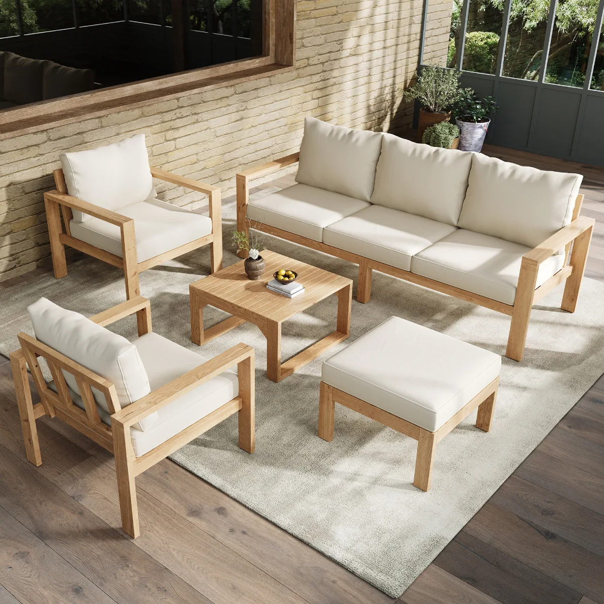 Gartenmöbel-Set für 4-6 Personen, Akazienholzrahmen, 3-Sitzer-Sofa, 2 Stühle, Ottoman, Couchtisch, Natur & Creme