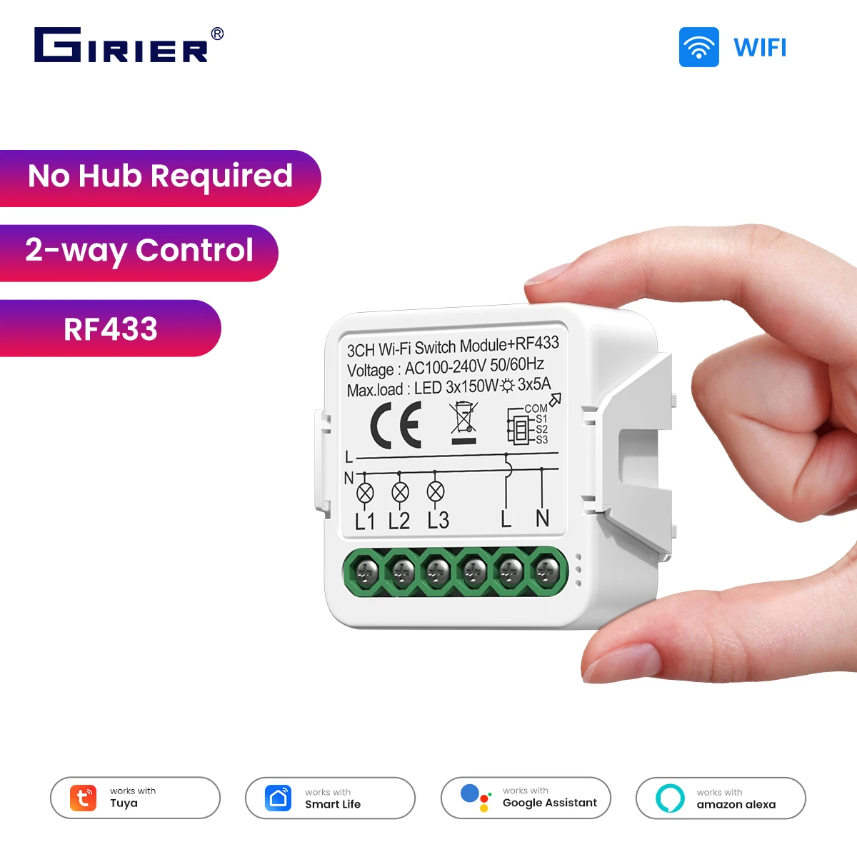GIRIER Tuya Smart WiFi-Schaltmodul RF433 DIY-Relais Schalter mit Neutralleiter Erforderlich Unterstützt 2-Wege-Steuerung Kompatibel mit Alexa Hey Google Image