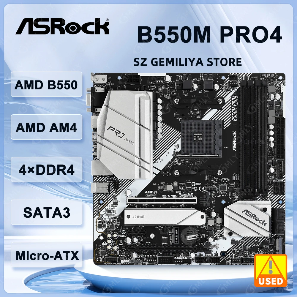 ASRock B550M Pro4 Motherboard, Sockel AM4, AMD B550, unterstützt Ryzen 5 5600, 4500, 3200G, 3600, 5700X CPUs, DDR4, 128GB, NVMe SSD, Micro ATX Image