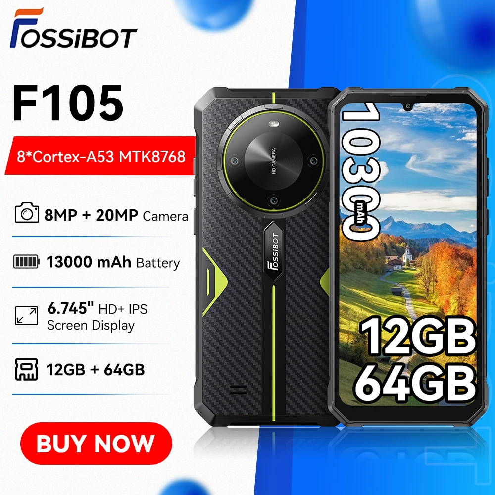 Smartphone FOSSiBOT F105 10300mAh 4Go+64Go Smartphone robuste Appareil photo 20MP Écran HD+ IPS 6,745 pouces Android 14 [F105-Ce