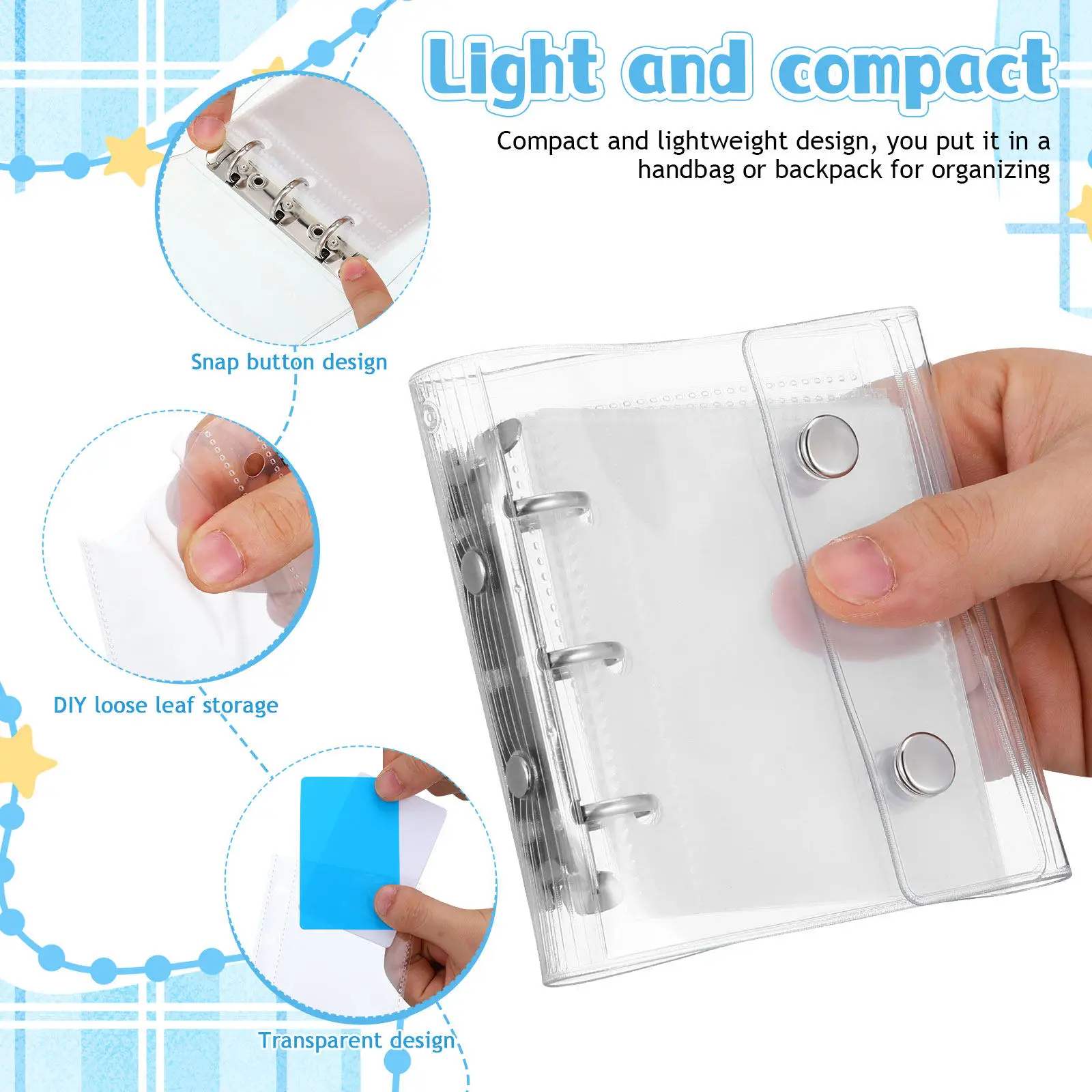 1 Set Mini A8 3-Ring-Ordner mit Taschen, transparenter, weicher Notizbuch-Ordner mit losen Blättern | Transparenter Ordnerhüllenschutz Image
