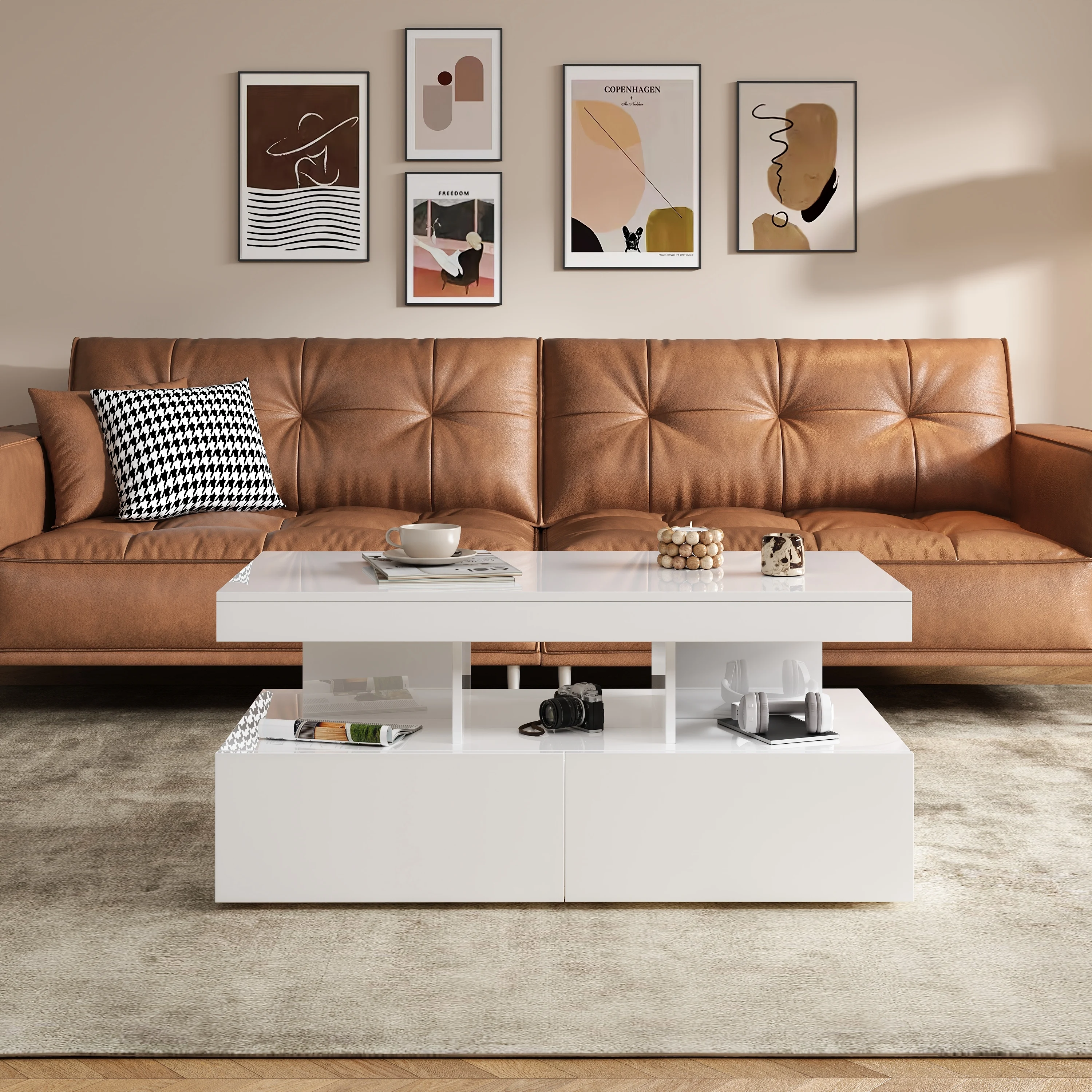 Couchtisch Weiß Wohnzimmertisch Hochglanz mit 16-Farben LED-Beleuchtung Beistelltisch mit Offenem Ablagefach