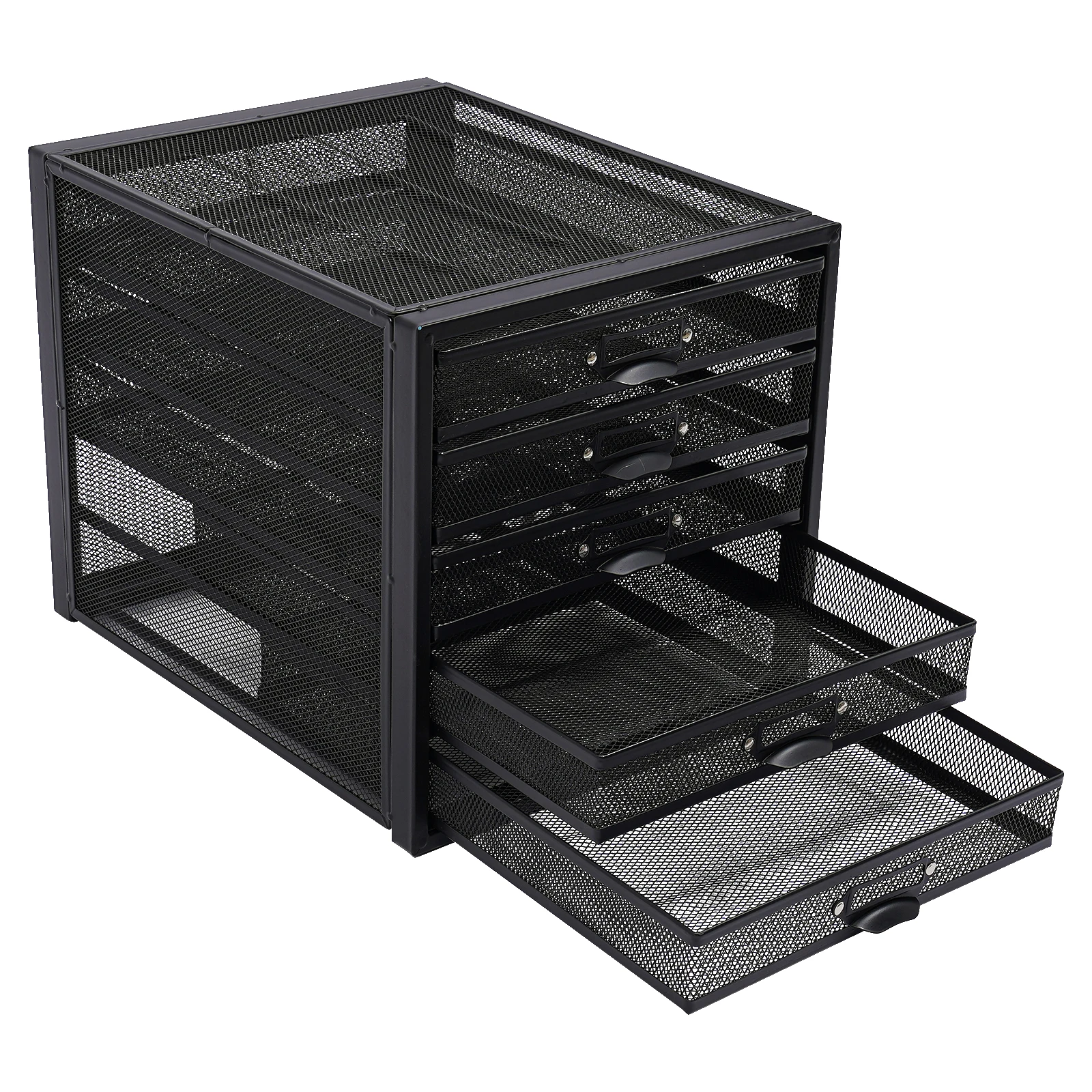 Schwarzer Eisen-Gitter-Organizer für den Schreibtisch, 5-stufige Schubladenbox, Schreibtisch-Apothekerschrank mit Etikettenhaltern und rutschfesten Pads für Büro oder