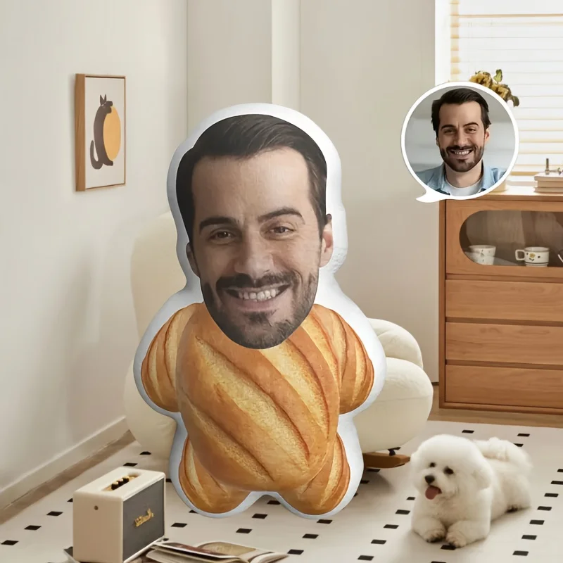 Anpassbare süße brotförmige Kissen, personalisierte Fotogesichtskissen, moderner Stil, weicher kurzer Plüschstoff, Digitaldruck Image