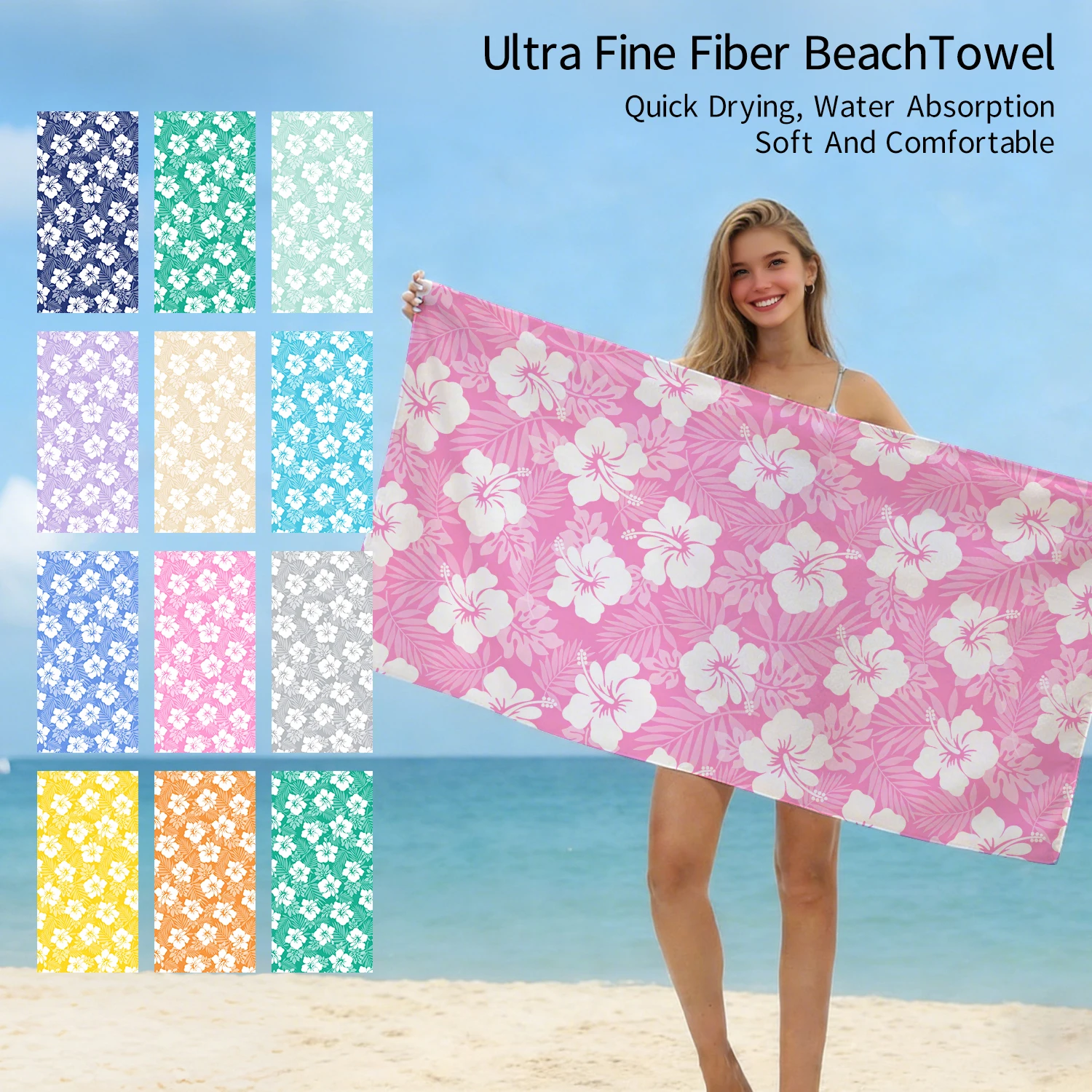 1 Stück Hibiskus-Strandtuch, schnell trocknendes, saugfähiges Badetuch aus ultrafeiner Faser, Strandtuch für Outdoor-Schwimmsportarten Image