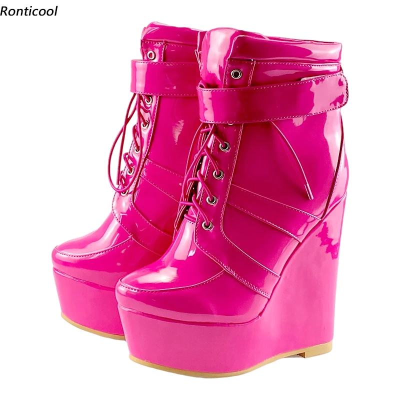 Ronticool Damen-Western-Stiefeletten für den Winter, glänzende Keile, High Heels, runde Zehen, 7 Farben, Freizeitschuhe, Damen, Übergröße, US-Größe 5–20